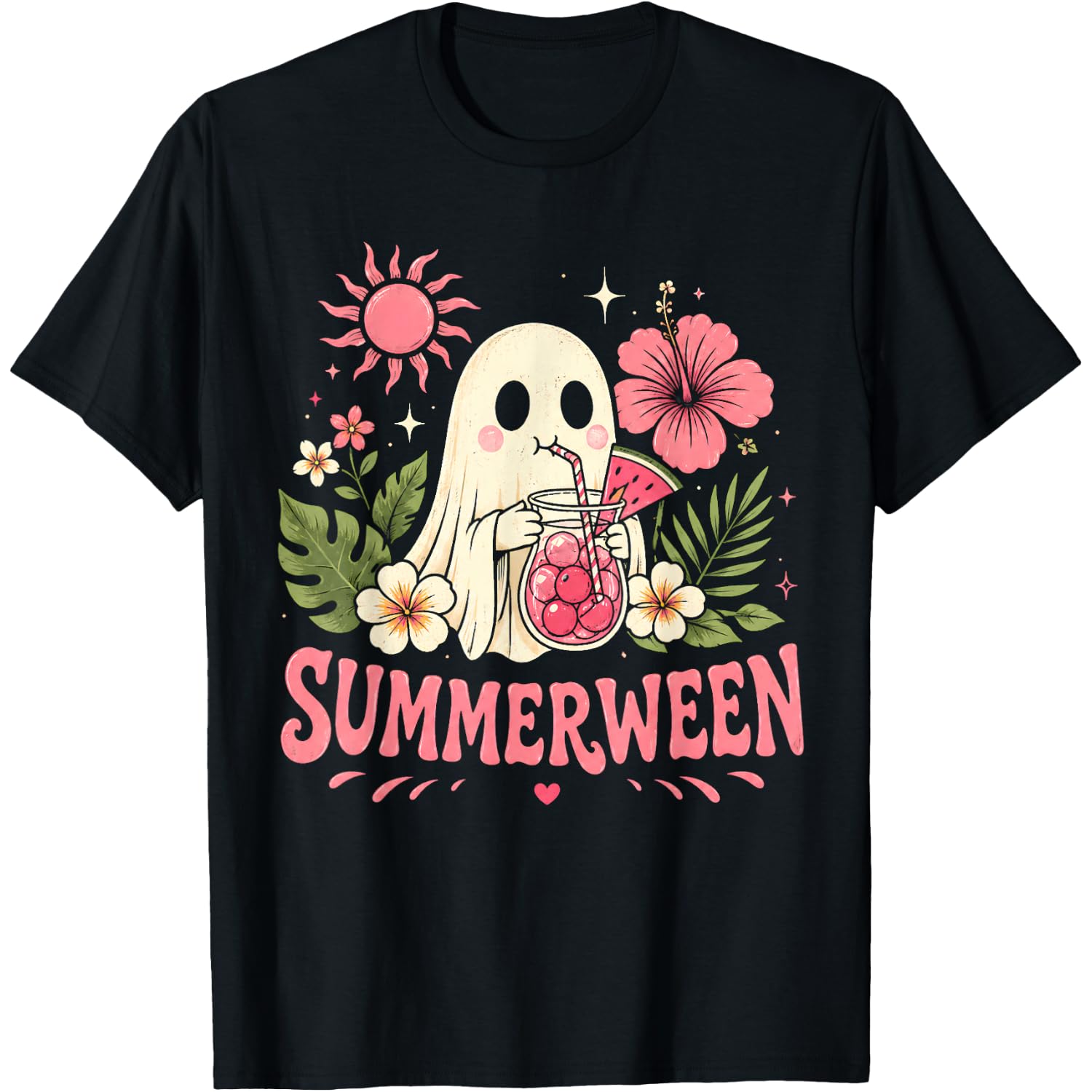 Summerween Vibes Ghost Halloween Spooky Summer Vibes Floral T-Shirt