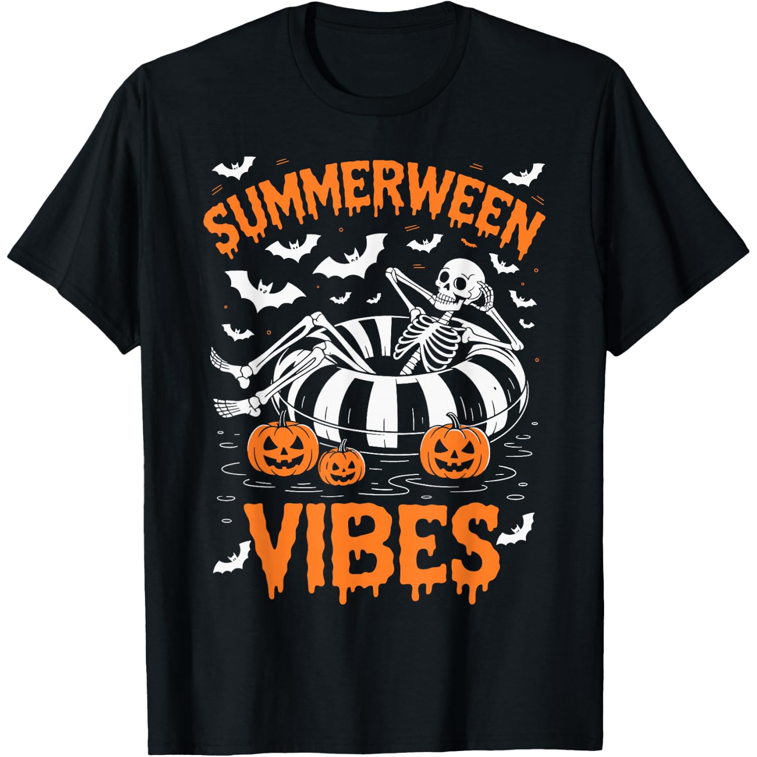 Summerween Vibes Skeleton Floating Pool Pumpkin Halloween T-Shirt