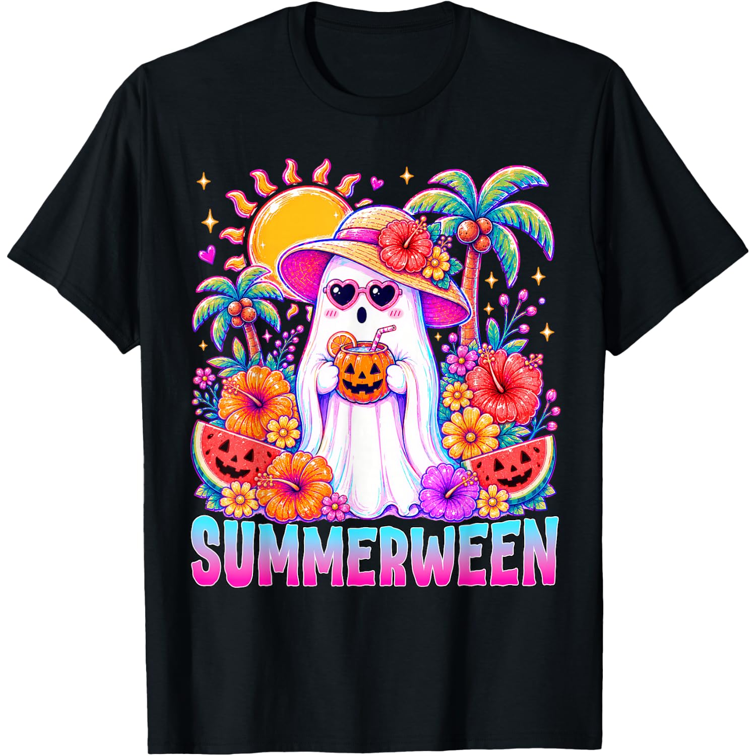 Summerween Vibes Spooky Ghost Pumpkins Halloween Women Girls T-Shirt