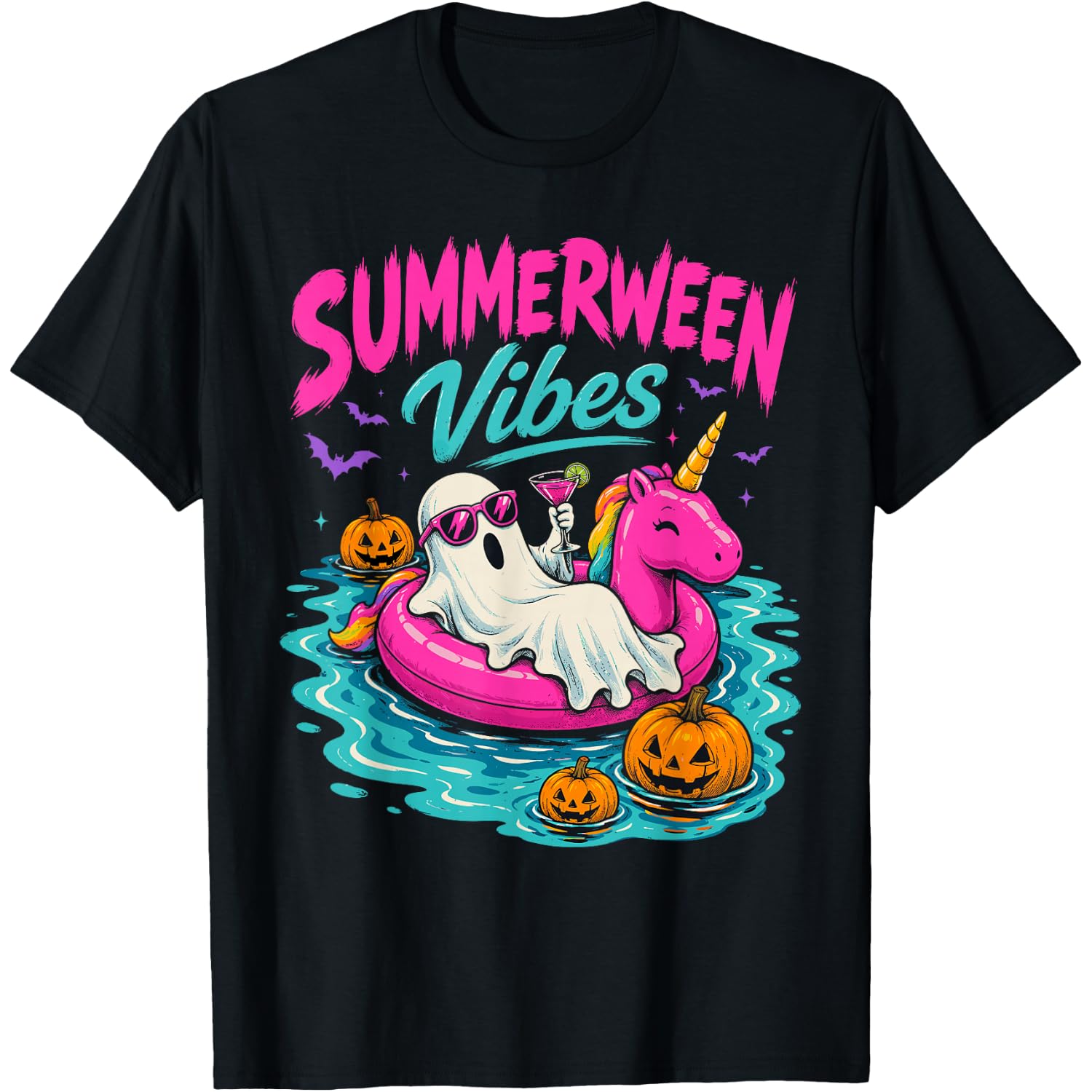 Summerween Vibes Spooky Ghost Unicorn Beach Halloween Girls T-Shirt