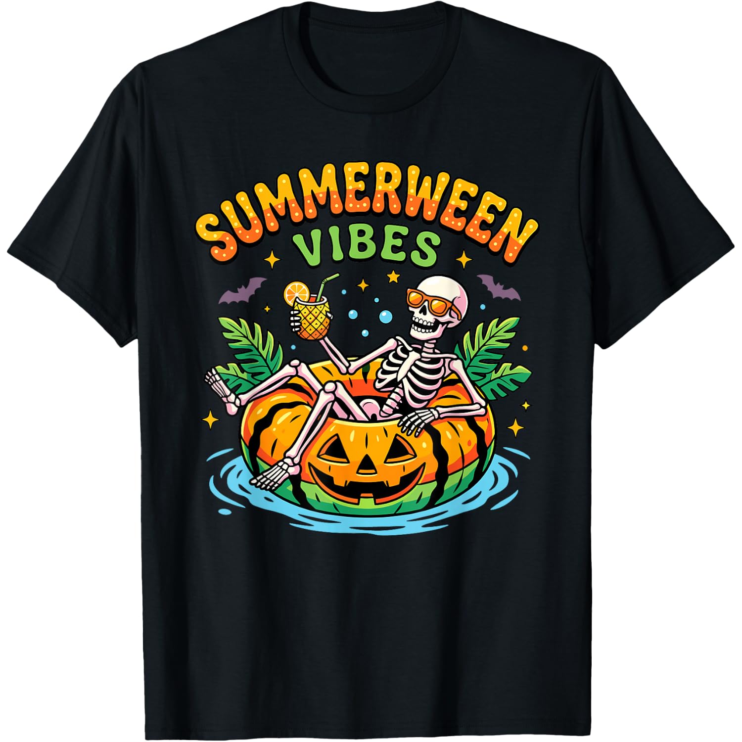 Summerween Vibes Spooky Summer Halloween Skeleton Pool Float T-Shirt