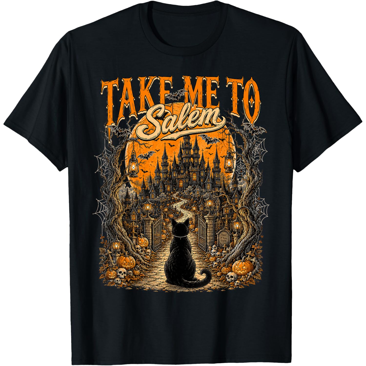 Take Me to Salem Witch Vintage Halloween Black Cat Women Men T-Shirt