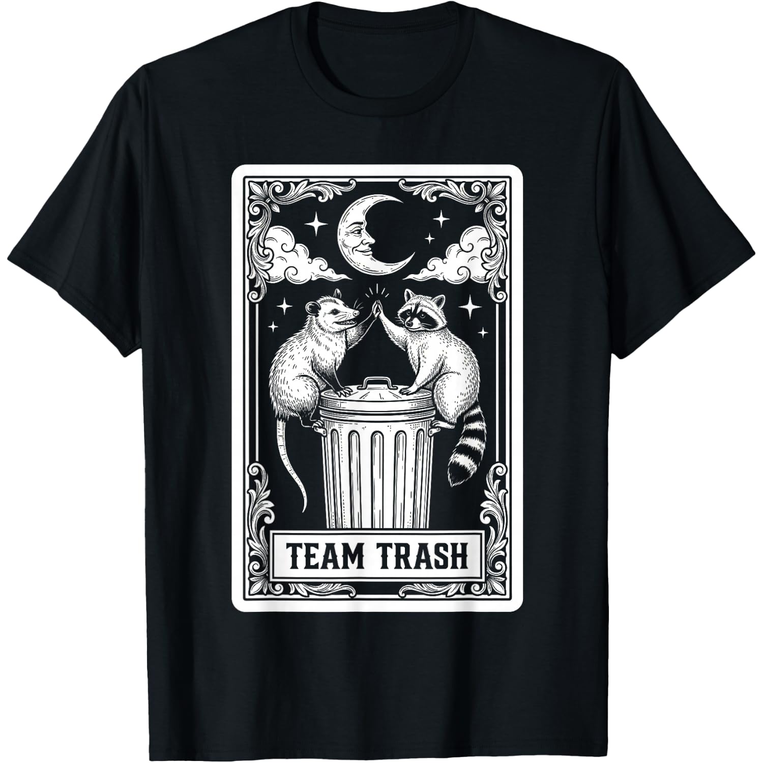 Tarot Card Vintage Team Trash Crescent Moon Opossum Raccoon T-Shirt