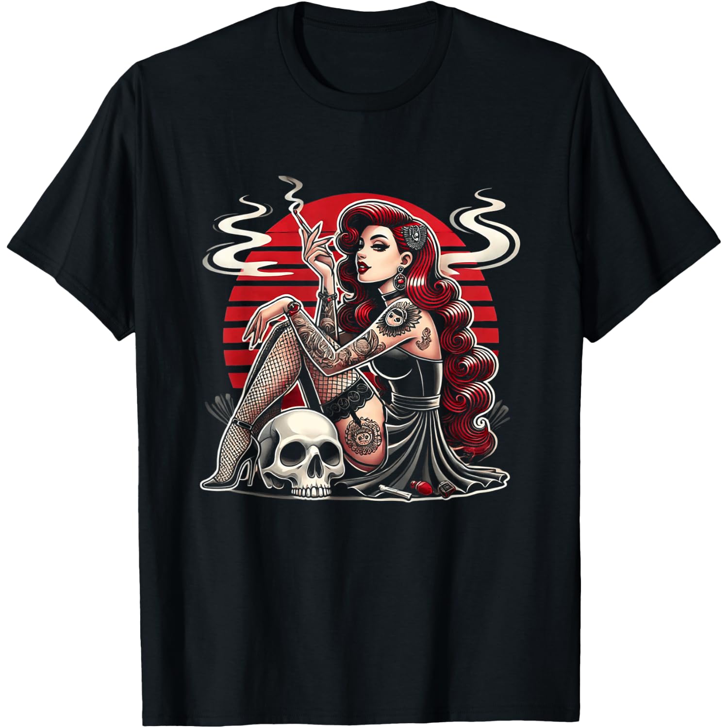 Tattoo Goth Pin-up Girl with Skull Vintage Horror Rockabilly T-Shirt
