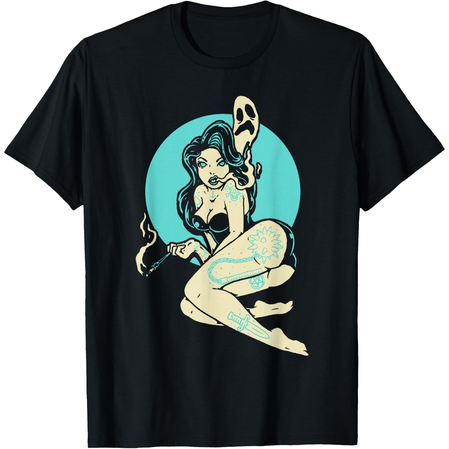 Tattooed Goth Pin-Up Girl Horror Ghost Moon Rockabilly T-Shirt