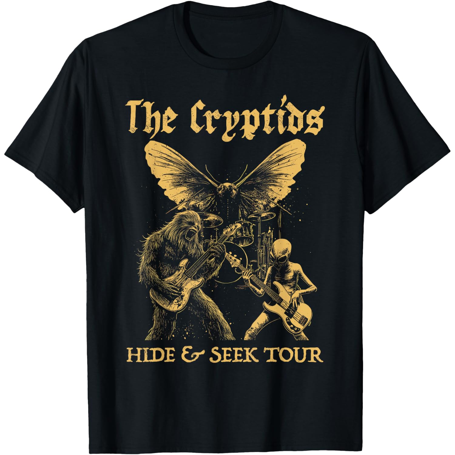 The Cryptids Bigfoot Alien Mothman Grunge Heavy Metal Rock T-Shirt