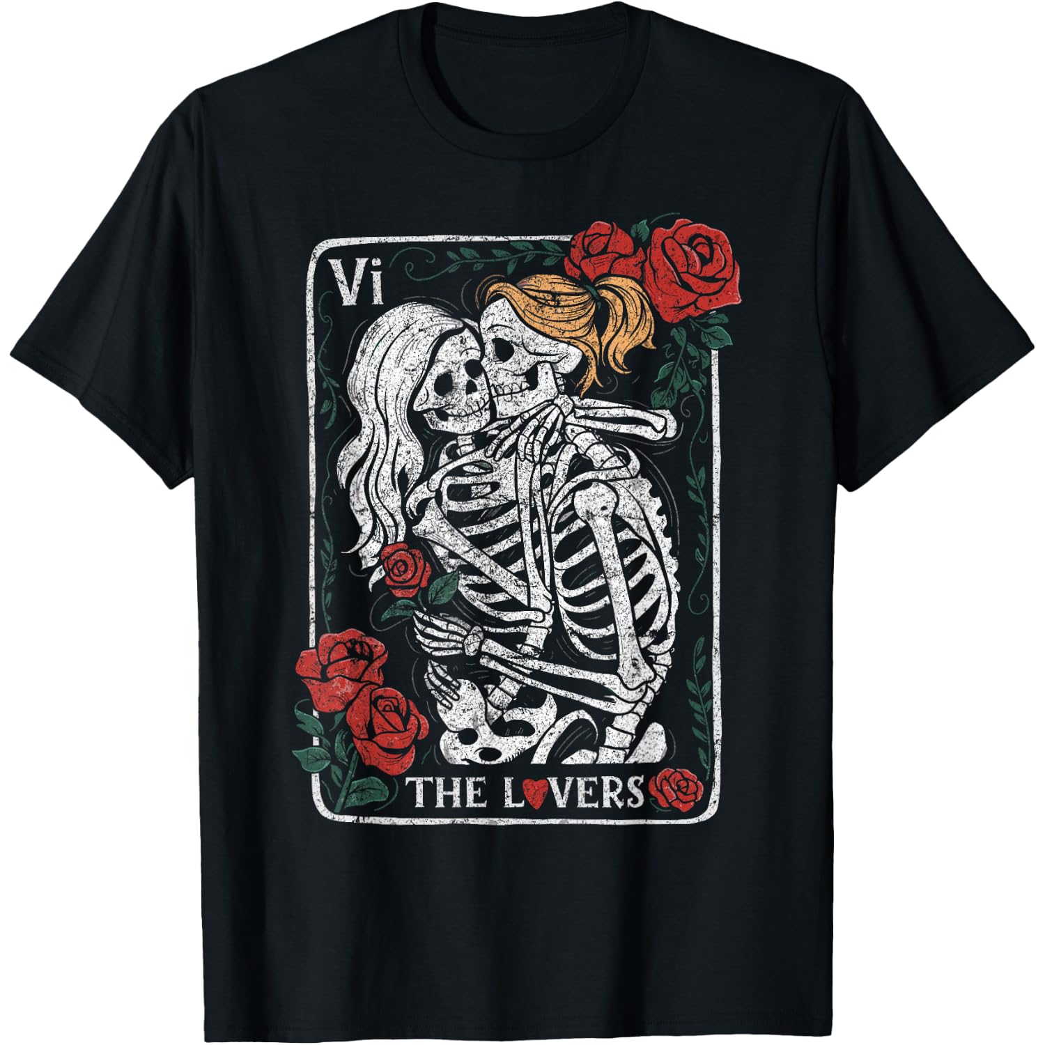 The Lovers Tarot Card Gothic Occult Kissing Skeleton Roses T-Shirt