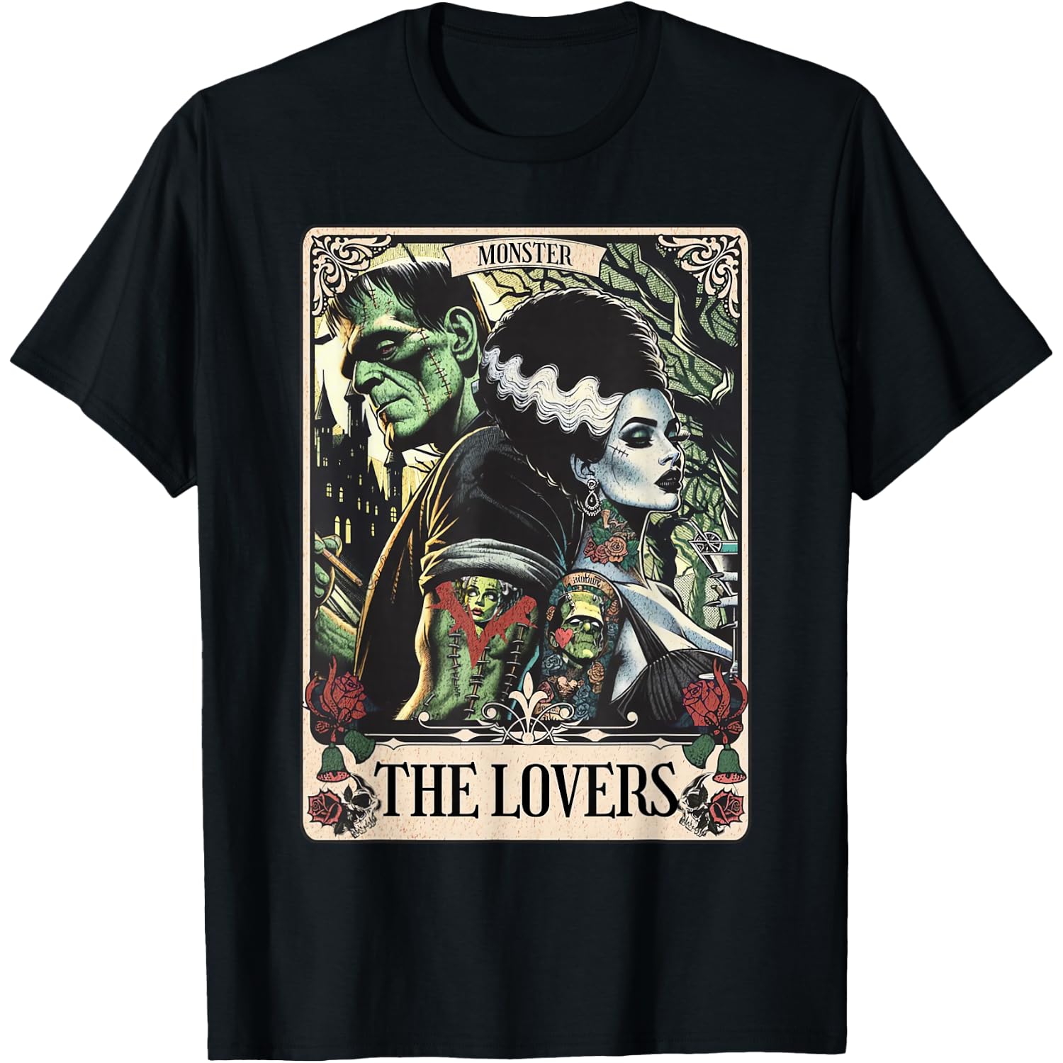 The Monster Frankenstein and Bride The Lovers Tarot Card T-Shirt