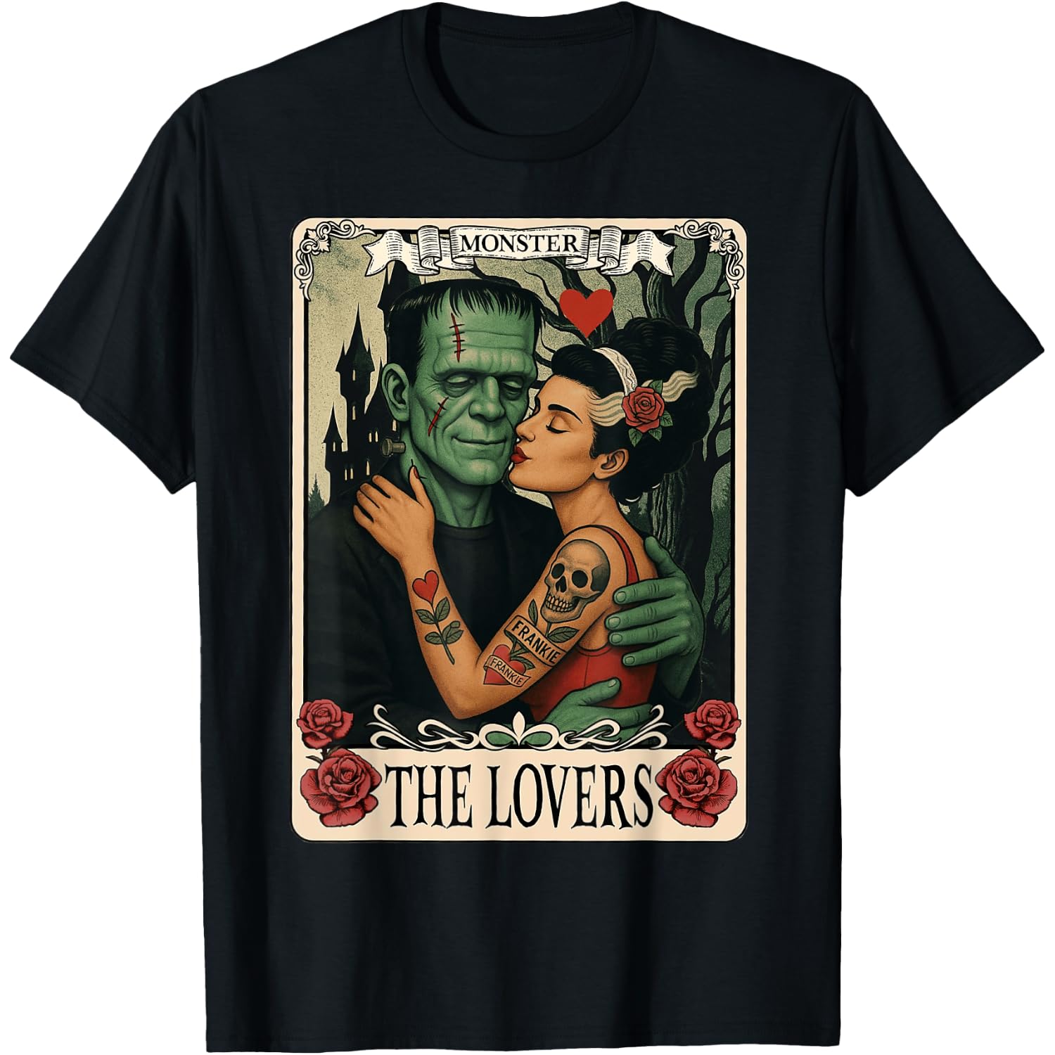 The Monster Frankenstein and Bride The Lovers Tarot Card T-Shirt
