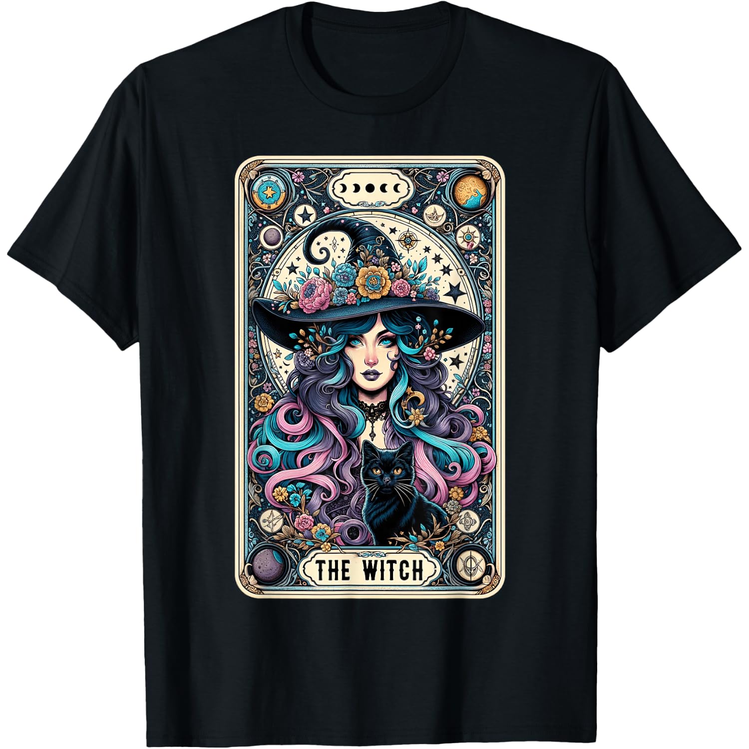 The Witch Cat Tarot Card Witch Vintage Gothic Halloween T-Shirt
