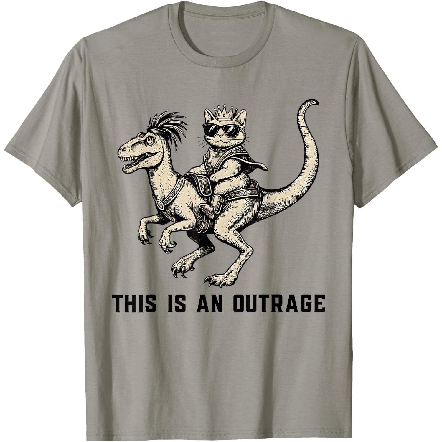 This is an Outrage Funny Cat Riding Dinosaur Meme T-Shirt
