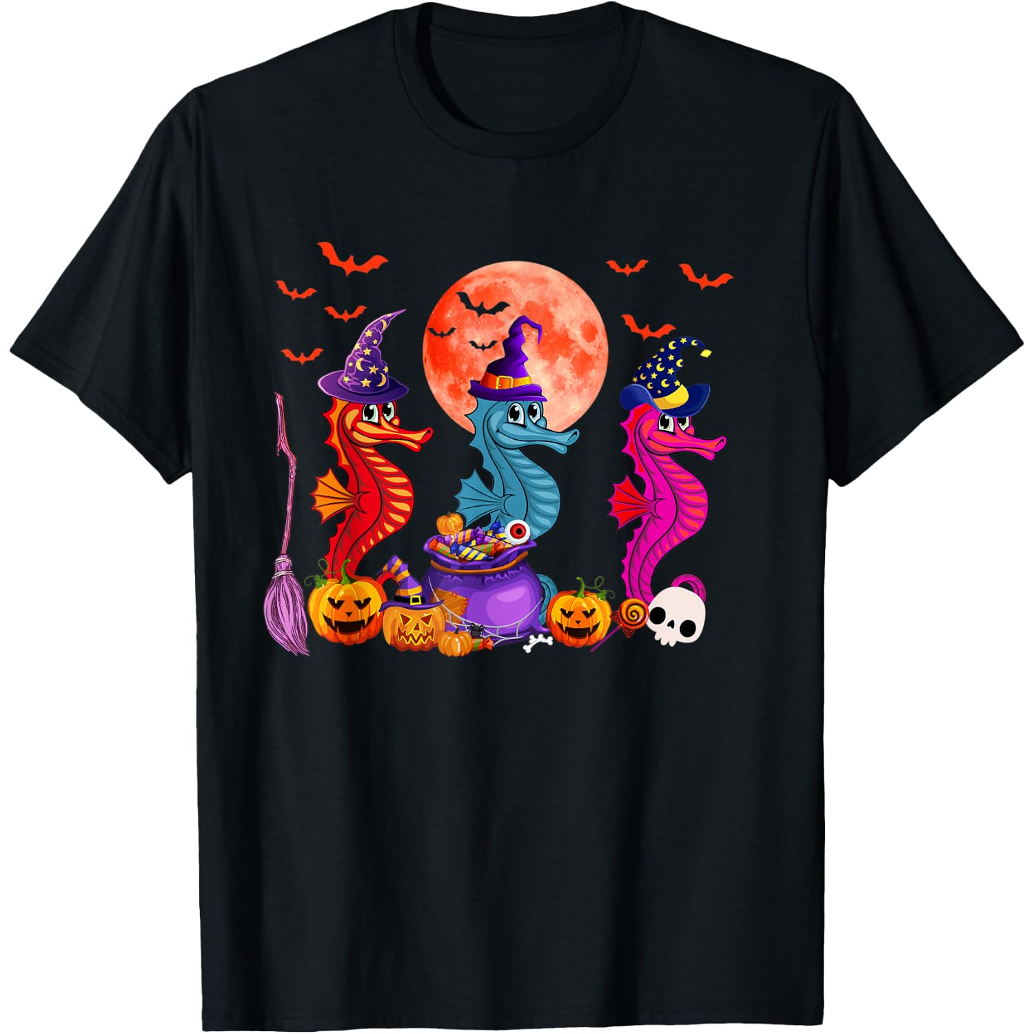 Three Funny Seahorses Halloween Witch Horror Pumpkins Lover T-Shirt