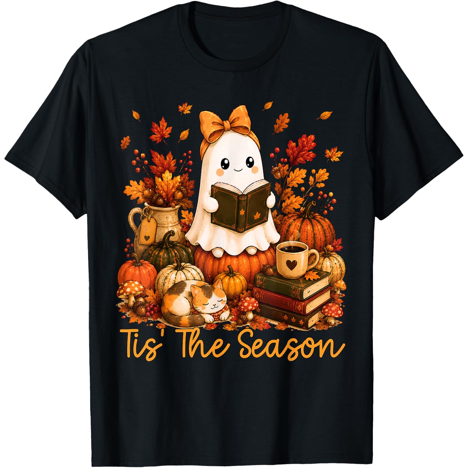 Tis The Season Cute Ghost Reading Book Autumn Fall Halloween T-Shirt