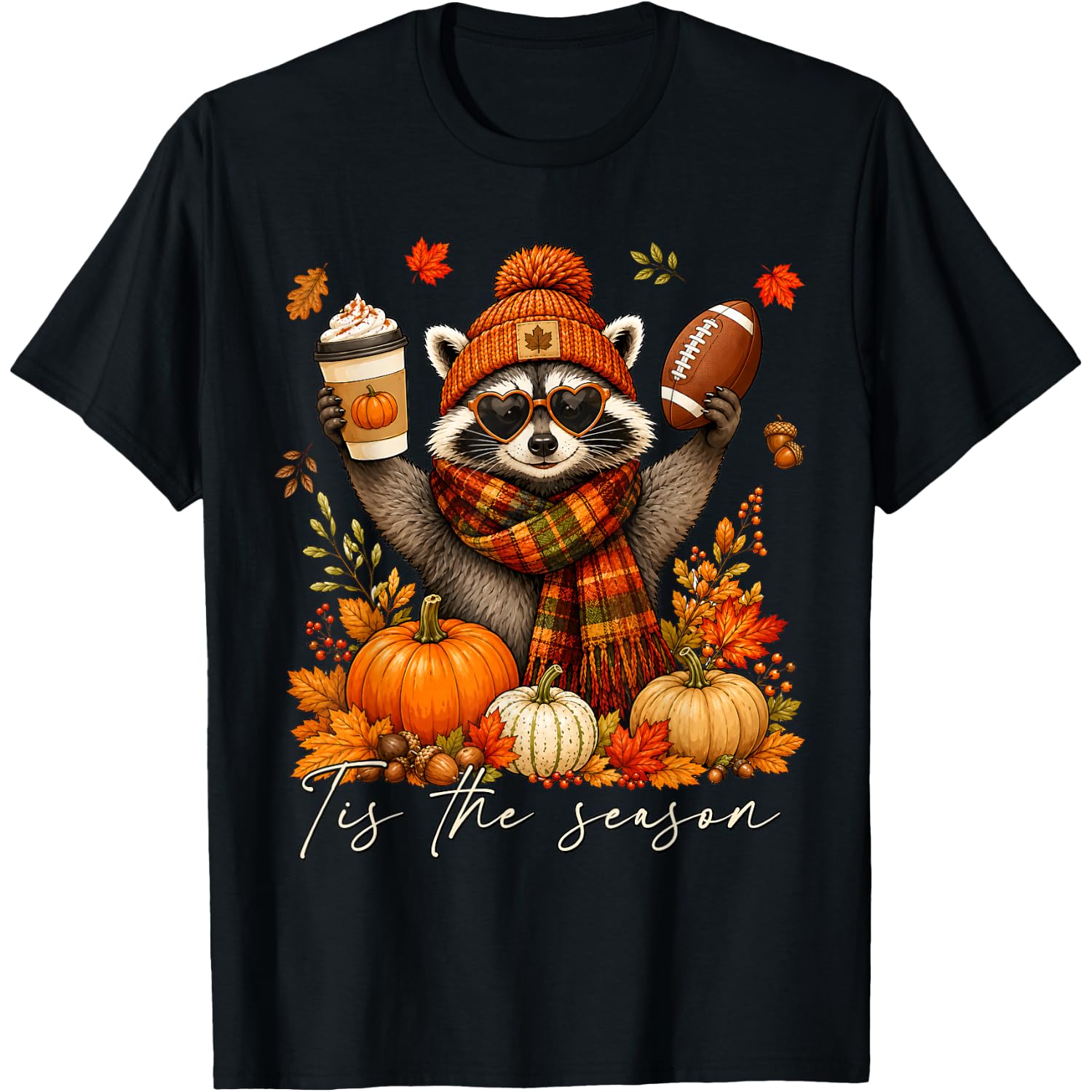 Tis The Season Pumpkin Spice Football Fall Vibes Raccoon T-Shirt