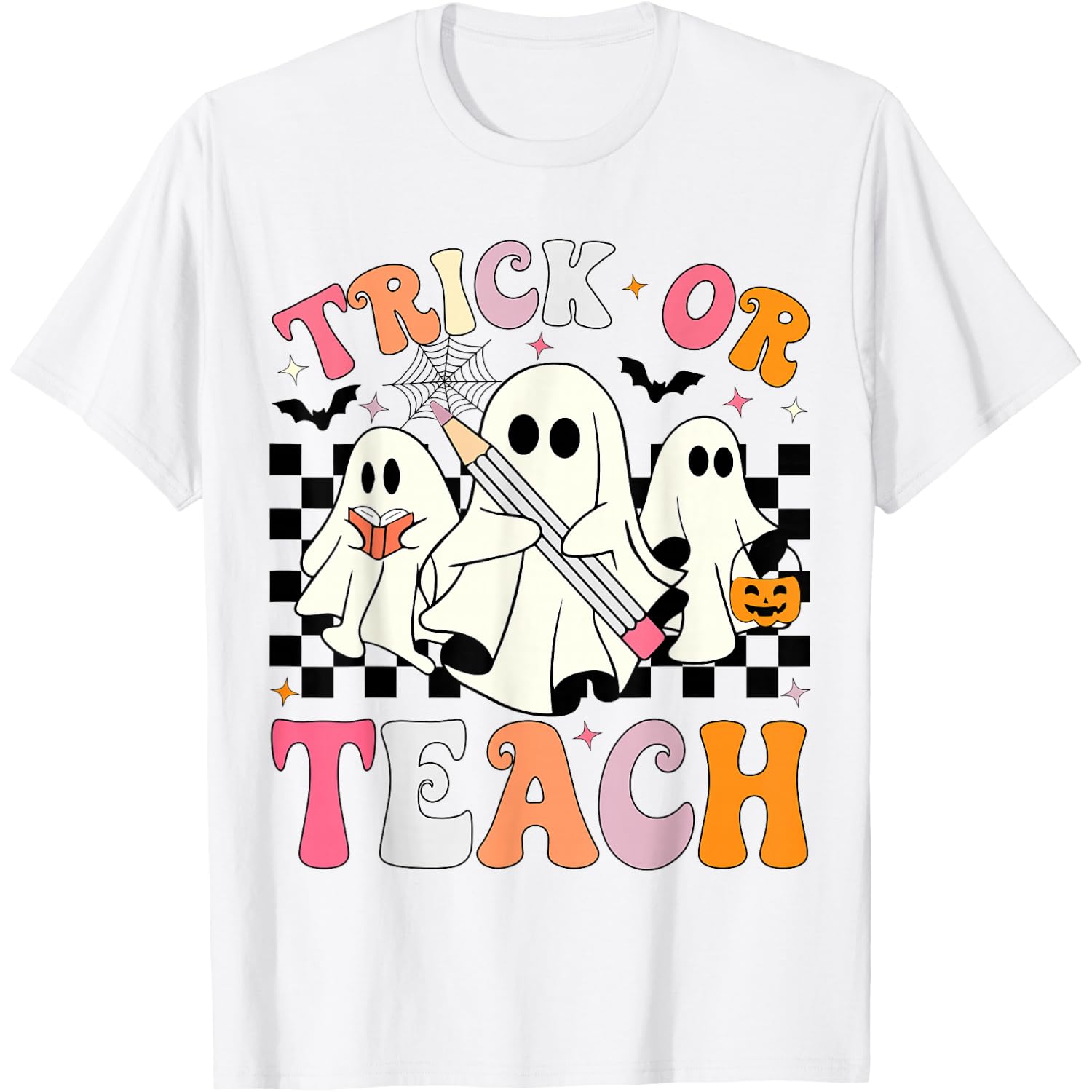 Trick or Teach Groovy Halloween Teacher Ghosts Retro Teacher T-Shirt