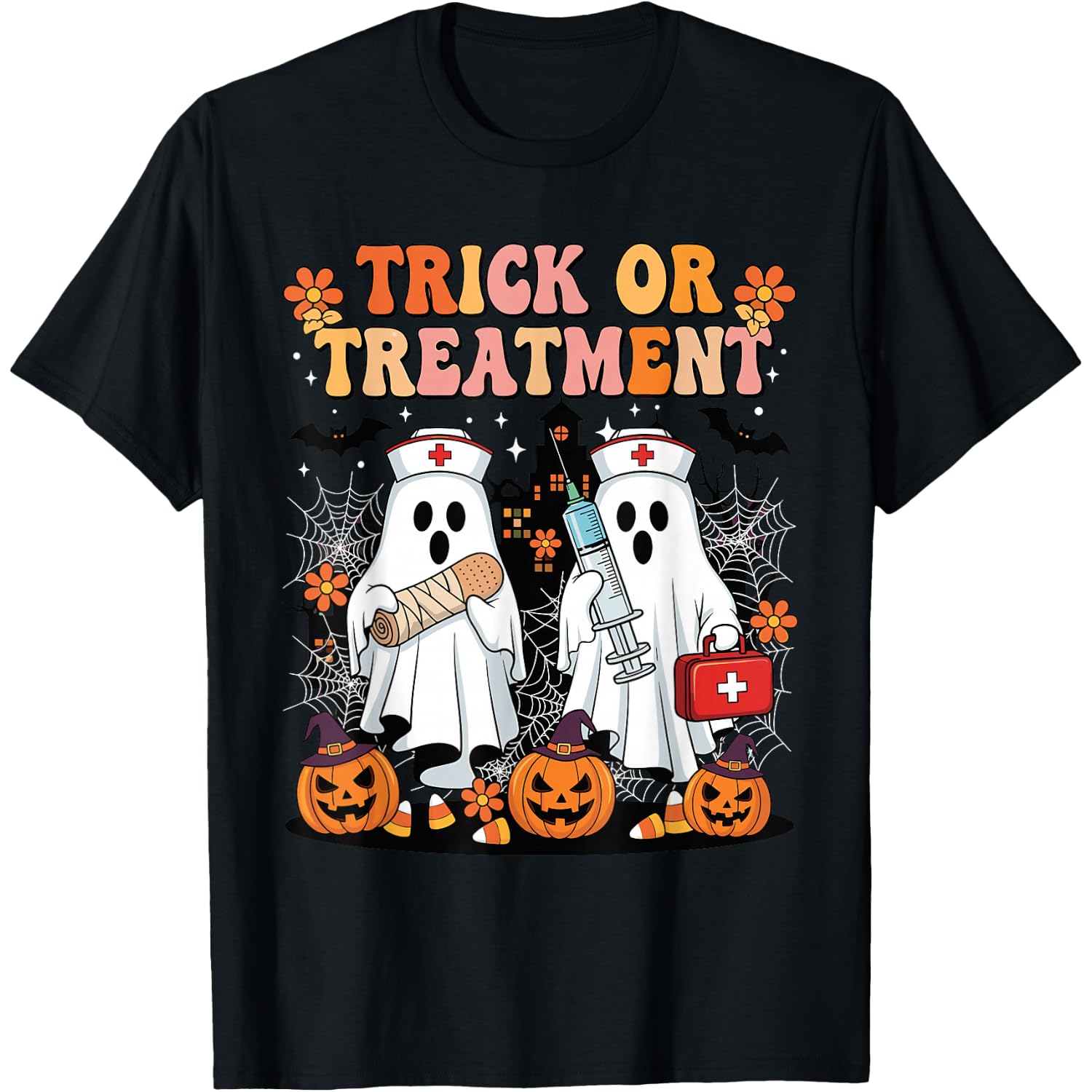 Trick Or Treatment Halloween Nurse Ghost Medical Crew T-Shirt