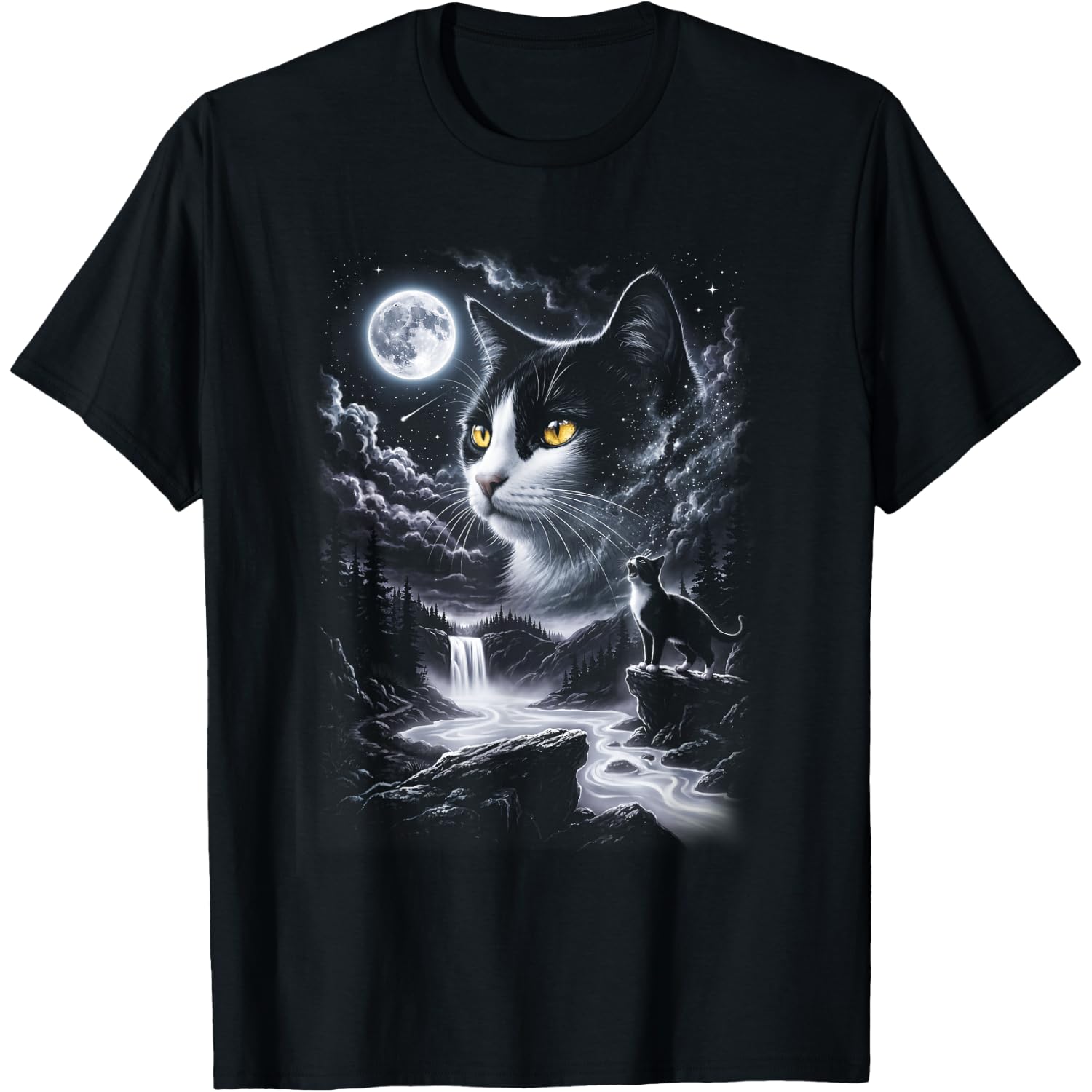 Tuxedo Cat Howling to The Moon 90s Retro Animal Graphic T-Shirt