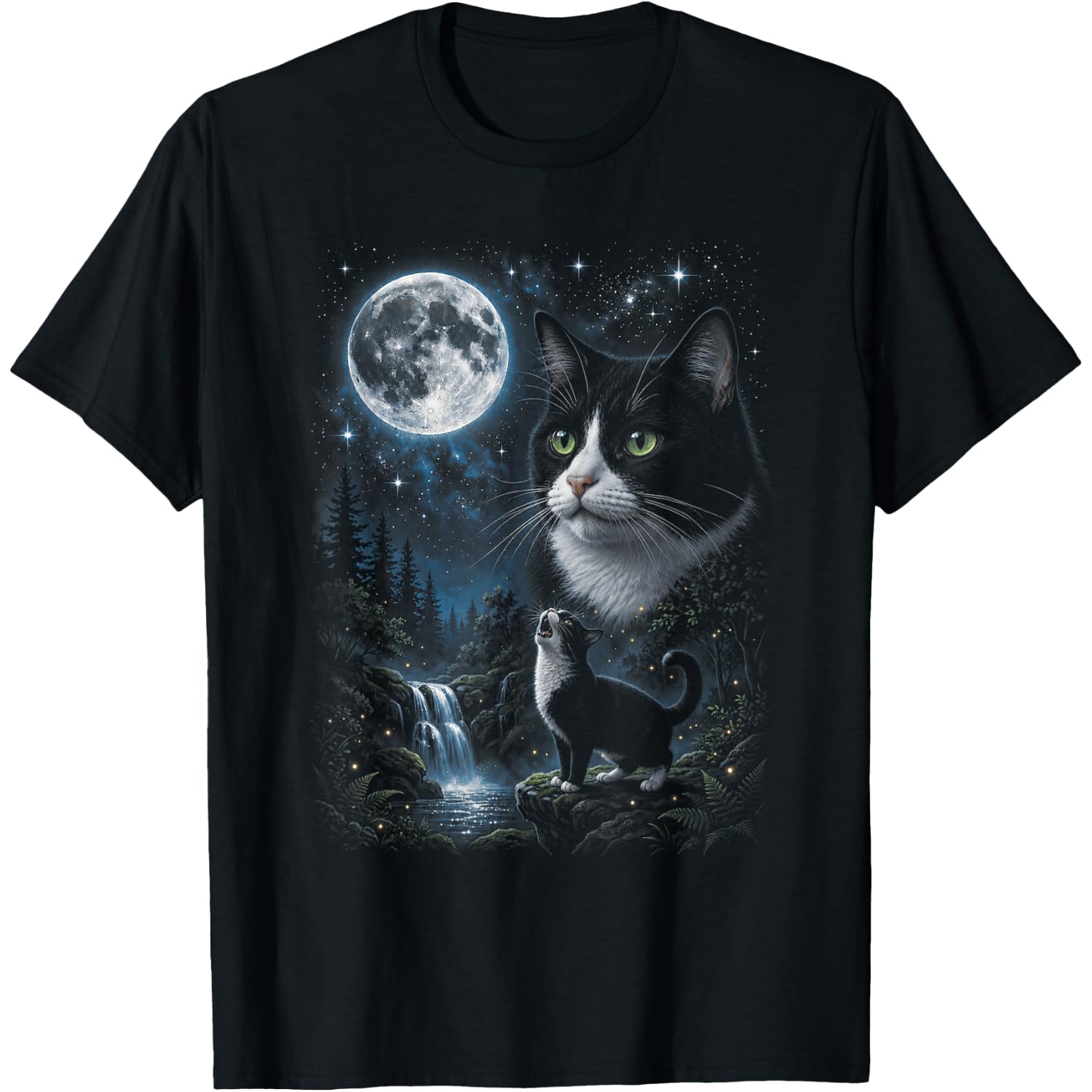 Tuxedo Howling at Moon 90's Retro Nature Forest Cat Lovers T-Shirt
