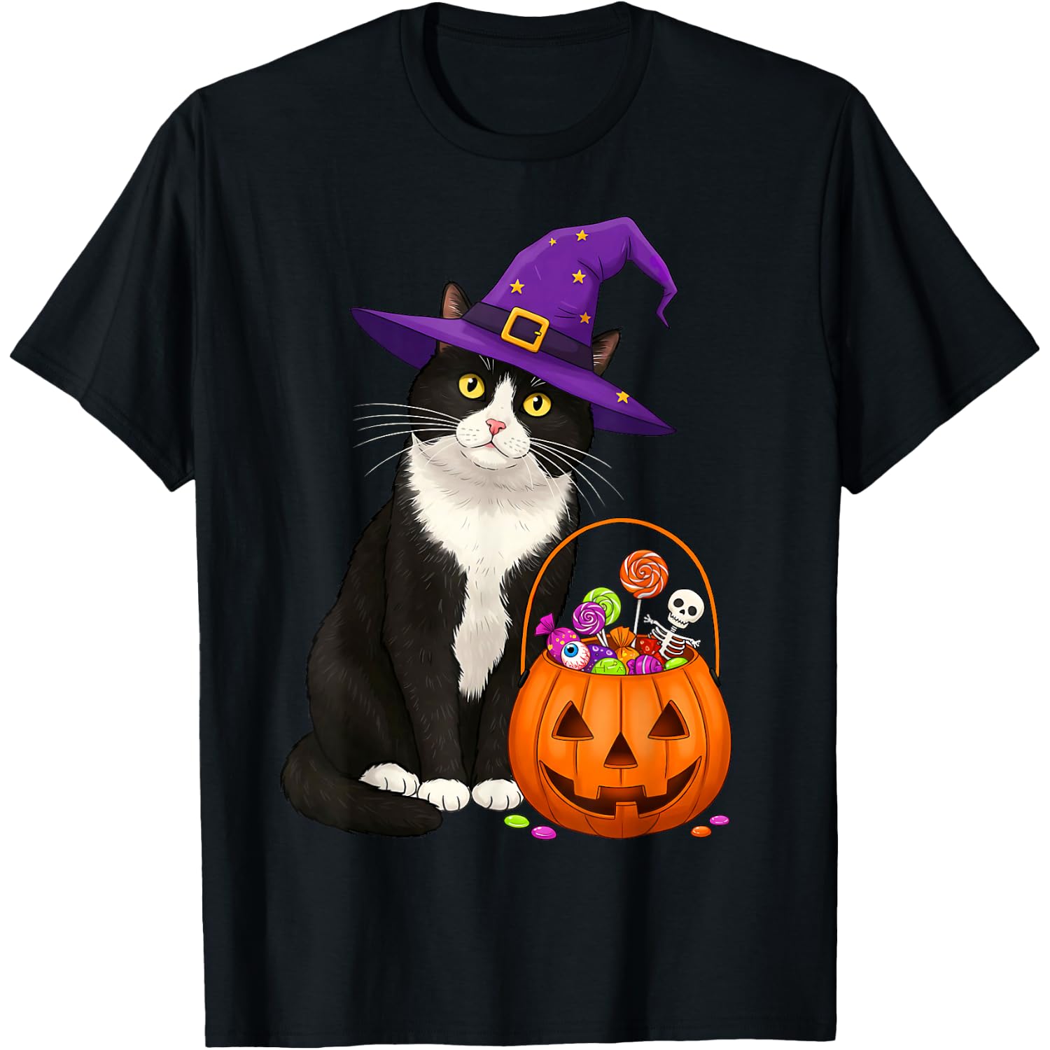 Tuxedo Witch Cat & Halloween Candy Basket for Men Women Kids T-Shirt