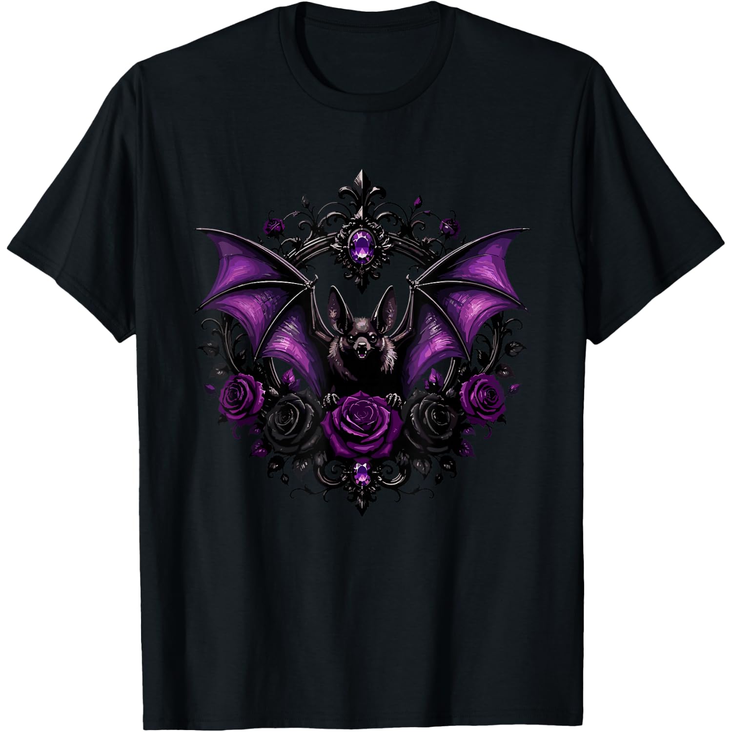 Vampire Bat with Purple Roses Gothic Halloween T-Shirt