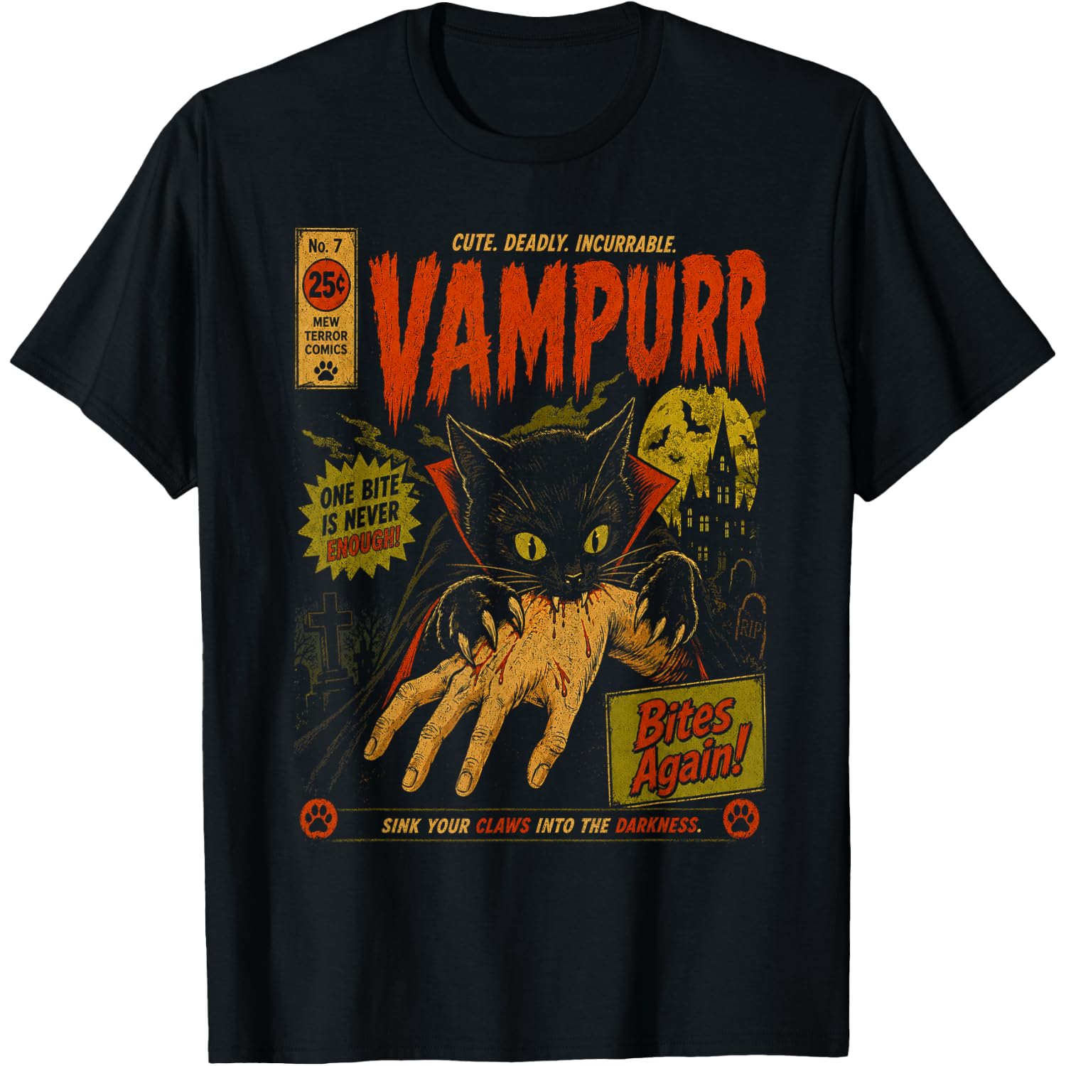 Vampurr Bites Again! Funny Cat Halloween Vintage Graphic T-Shirt