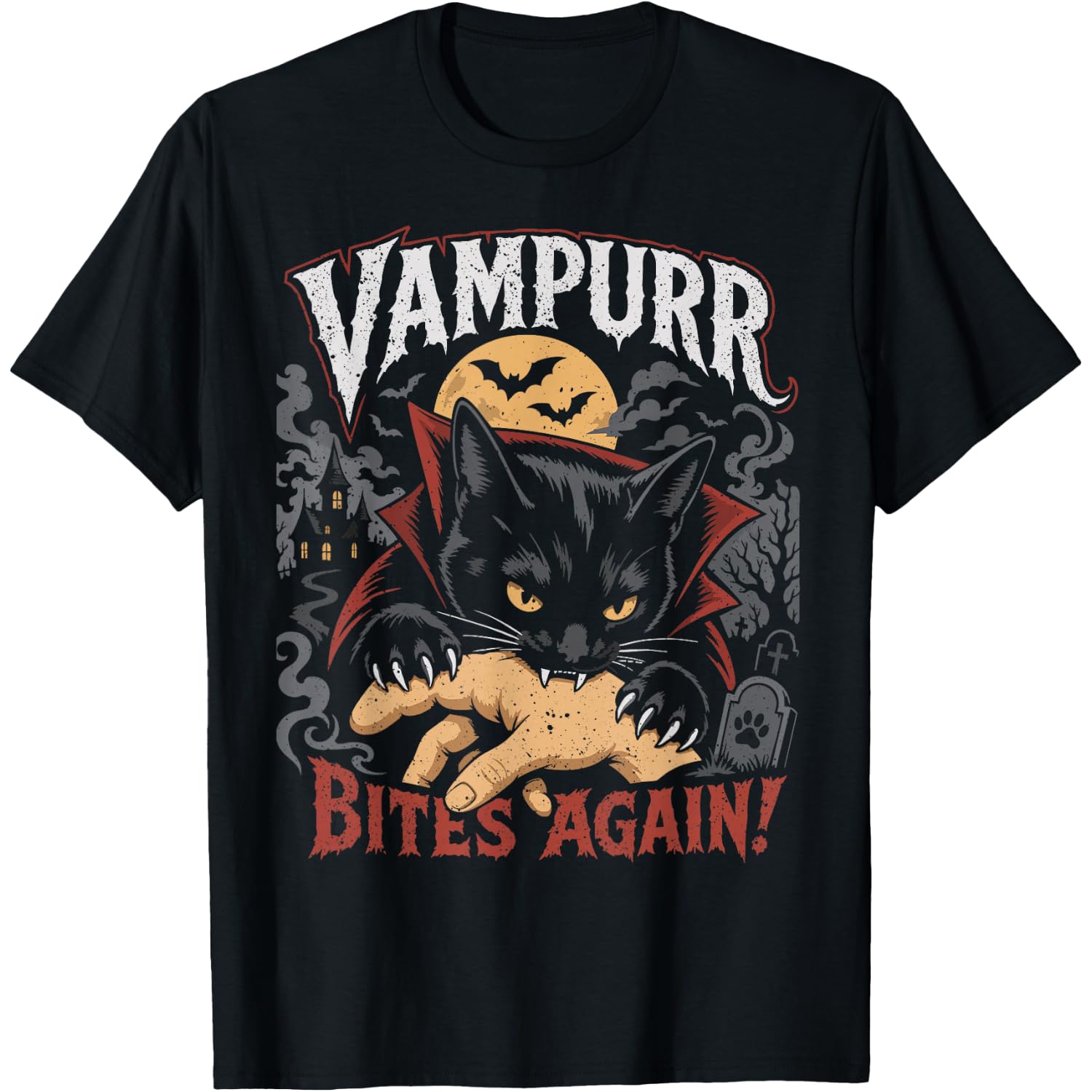 Vampurr Bites Again! Funny Cat Halloween Vintage Men Women T-Shirt