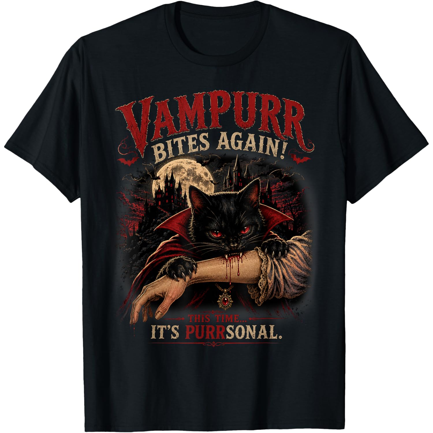 Vampurr Bites Again! Funny Cat Halloween Vintage T-Shirt
