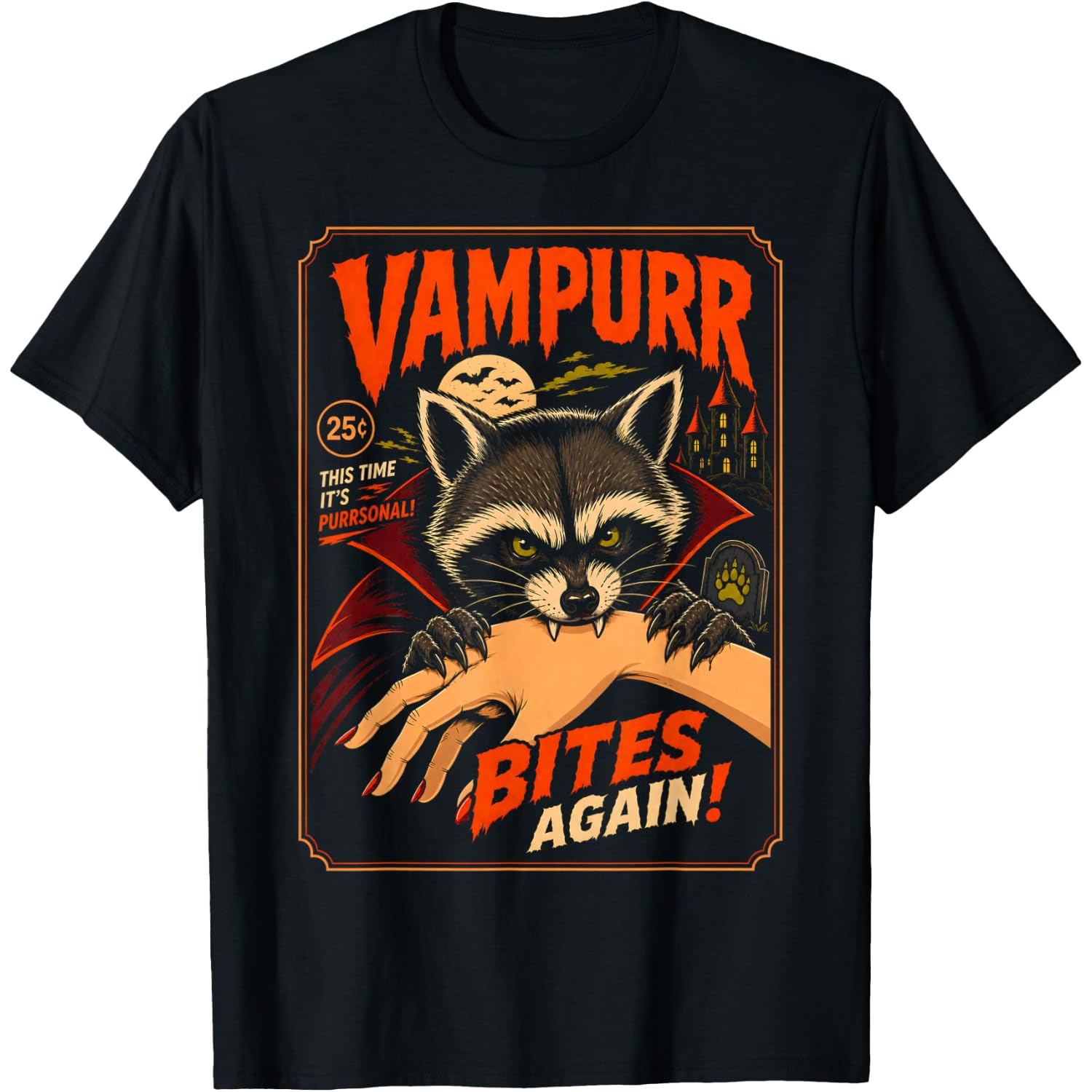Vampurr Bites Again Funny Vampire Raccoon Halloween Horror T-Shirt