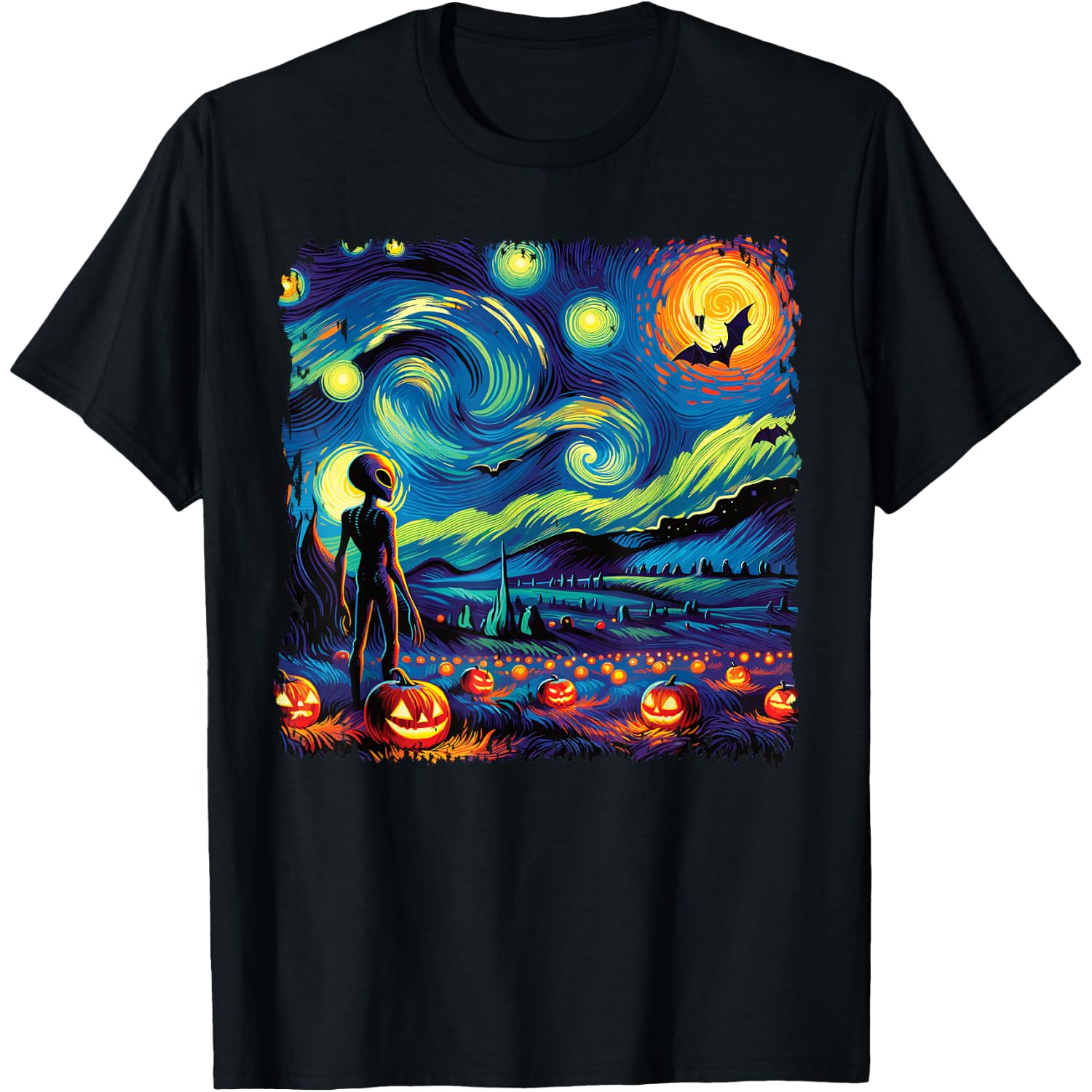 Van Gogh Starry Night Alien Man Halloween Fall Pumpkin Bats T-Shirt
