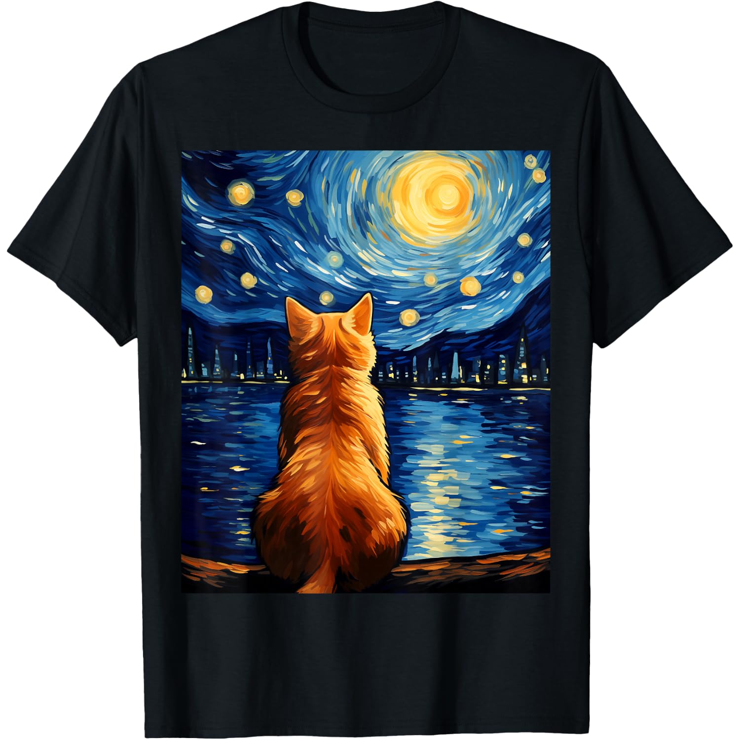 Vincent Van Gogh Starry Night Cat Funny Orange Cat Lover T-Shirt