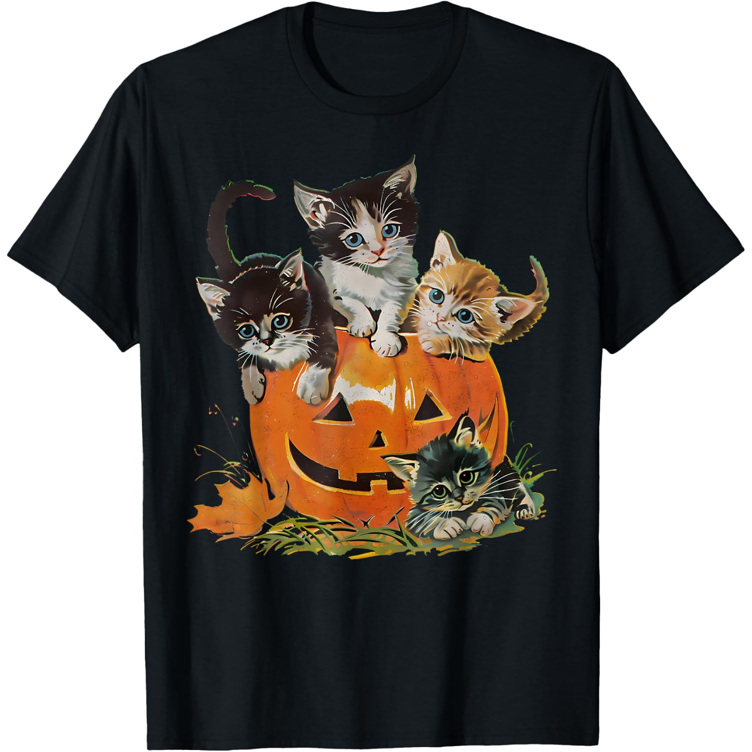 Vintage 90s Cat Pumpkin Halloween Retro Floral Spooky Season T-Shirt