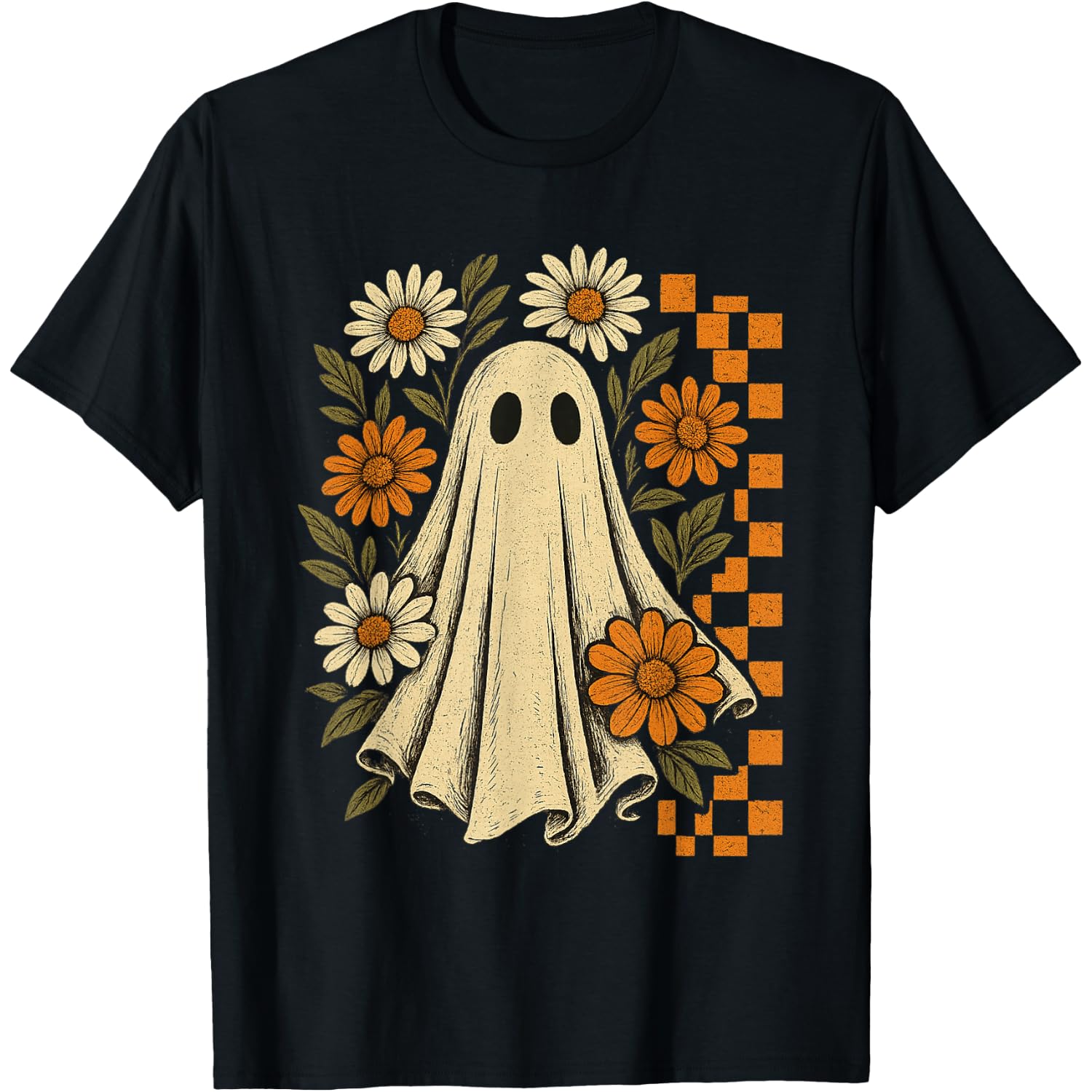 Vintage Floral Ghost Groovy Halloween Spooky Girls Women T-Shirt