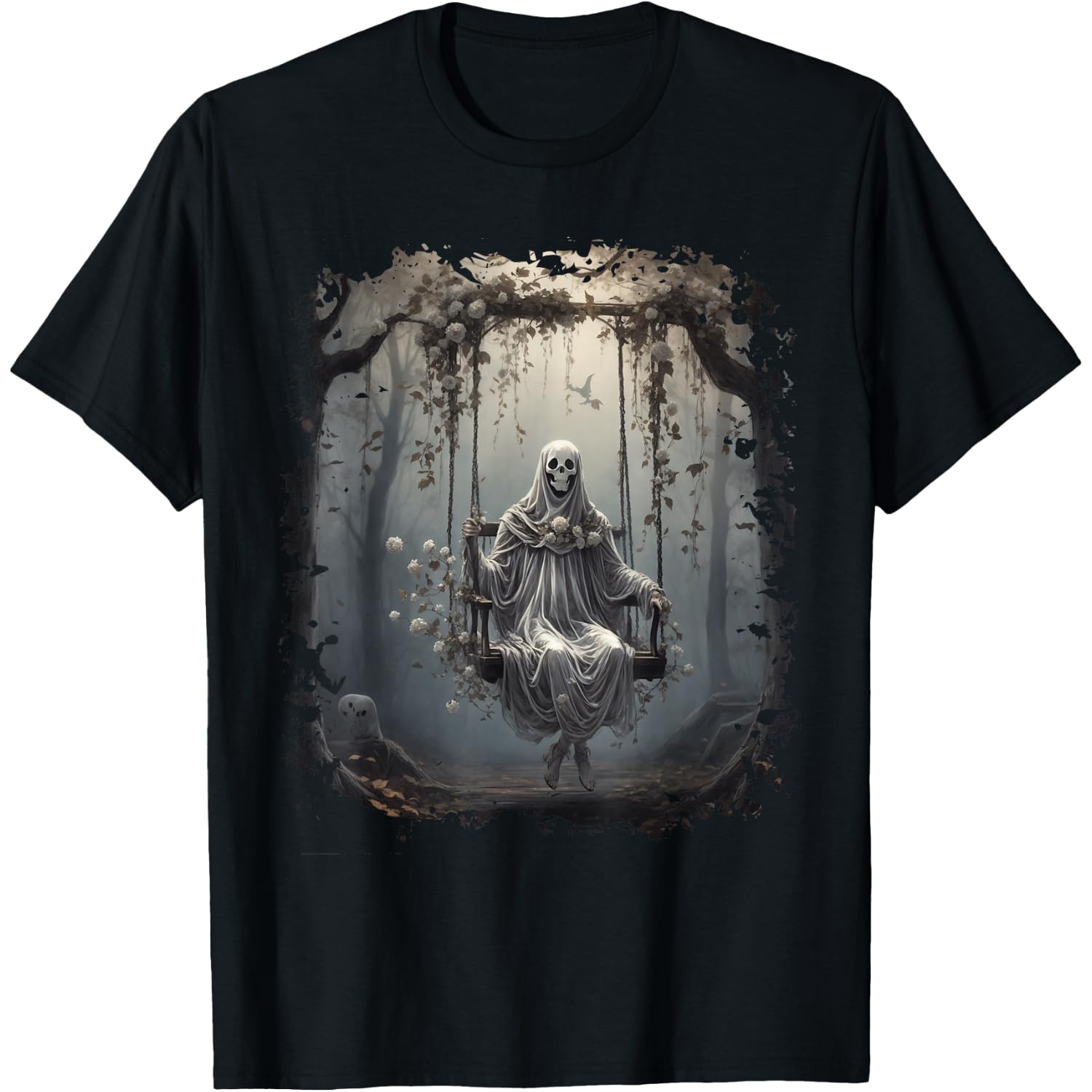 Vintage Floral Ghost On Swing in Forest Halloween Gothic T-Shirt