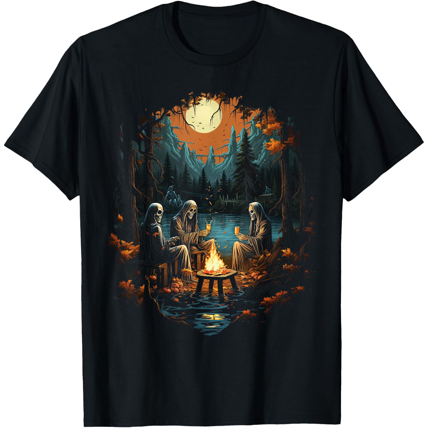 Vintage Ghost and Skeleton by Fire Camping Gothic Halloween T-Shirt
