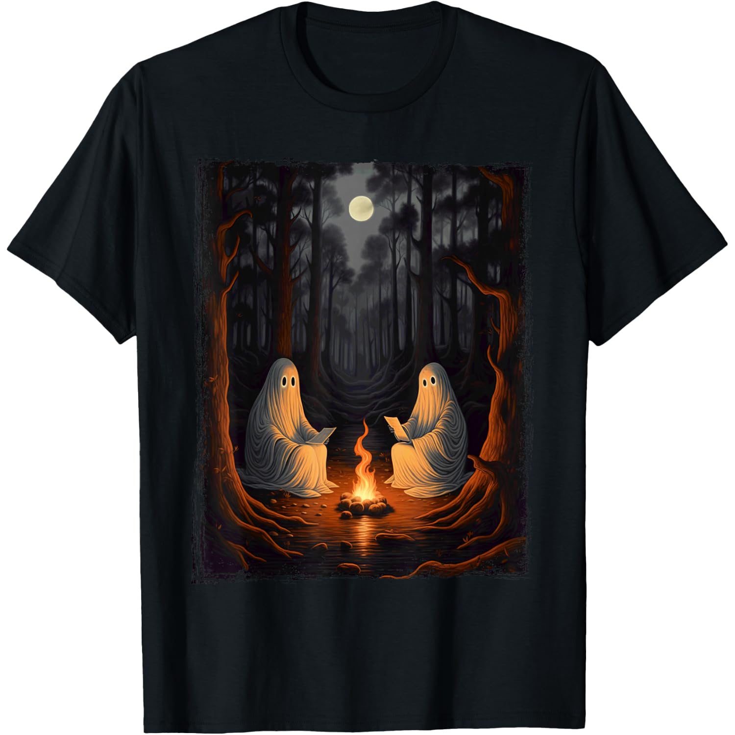 Vintage Ghost Book Reading Camping Gothic Halloween Teachers T-Shirt
