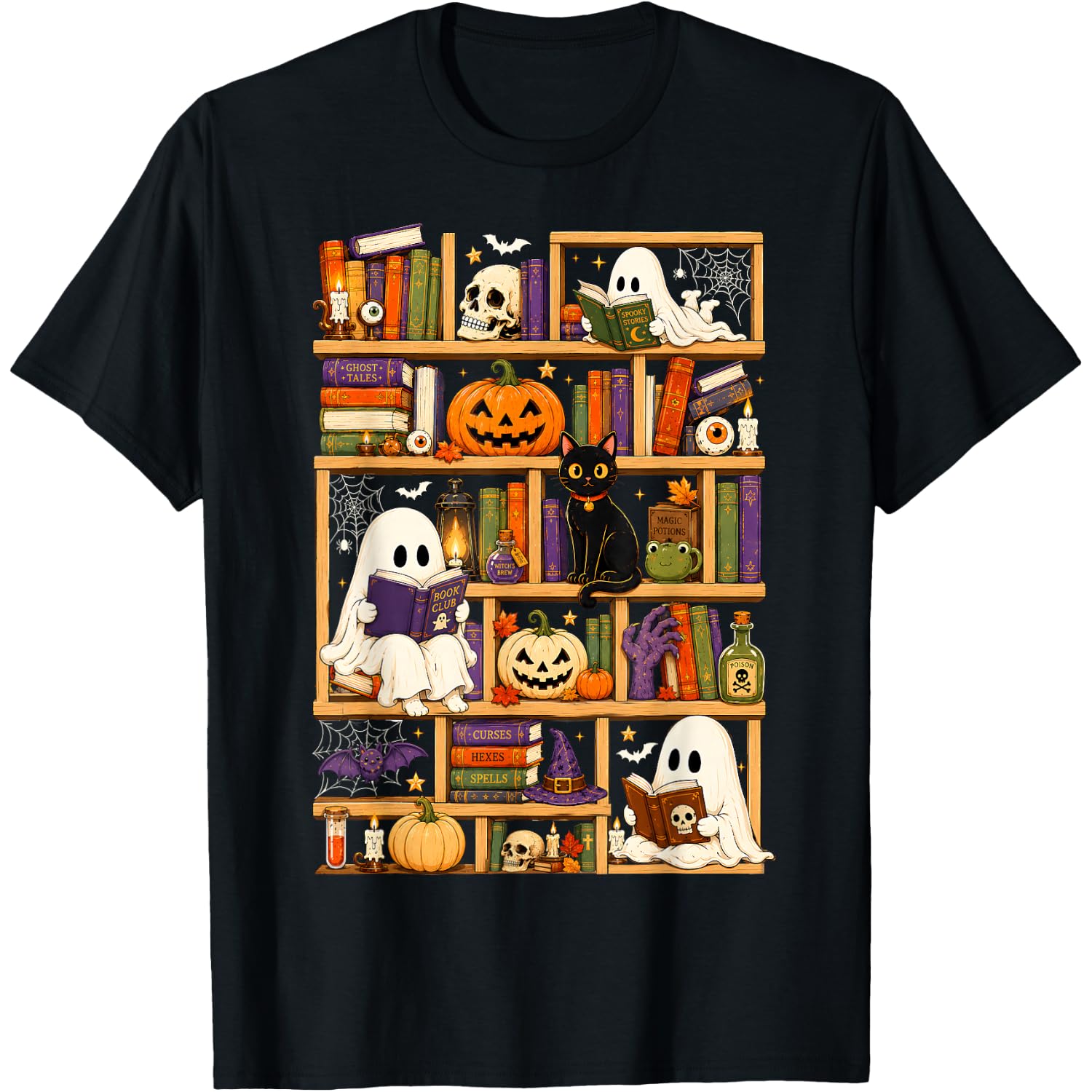 Vintage Ghost Book Reading Pumpkin Gothic Halloween Teachers T-Shirt