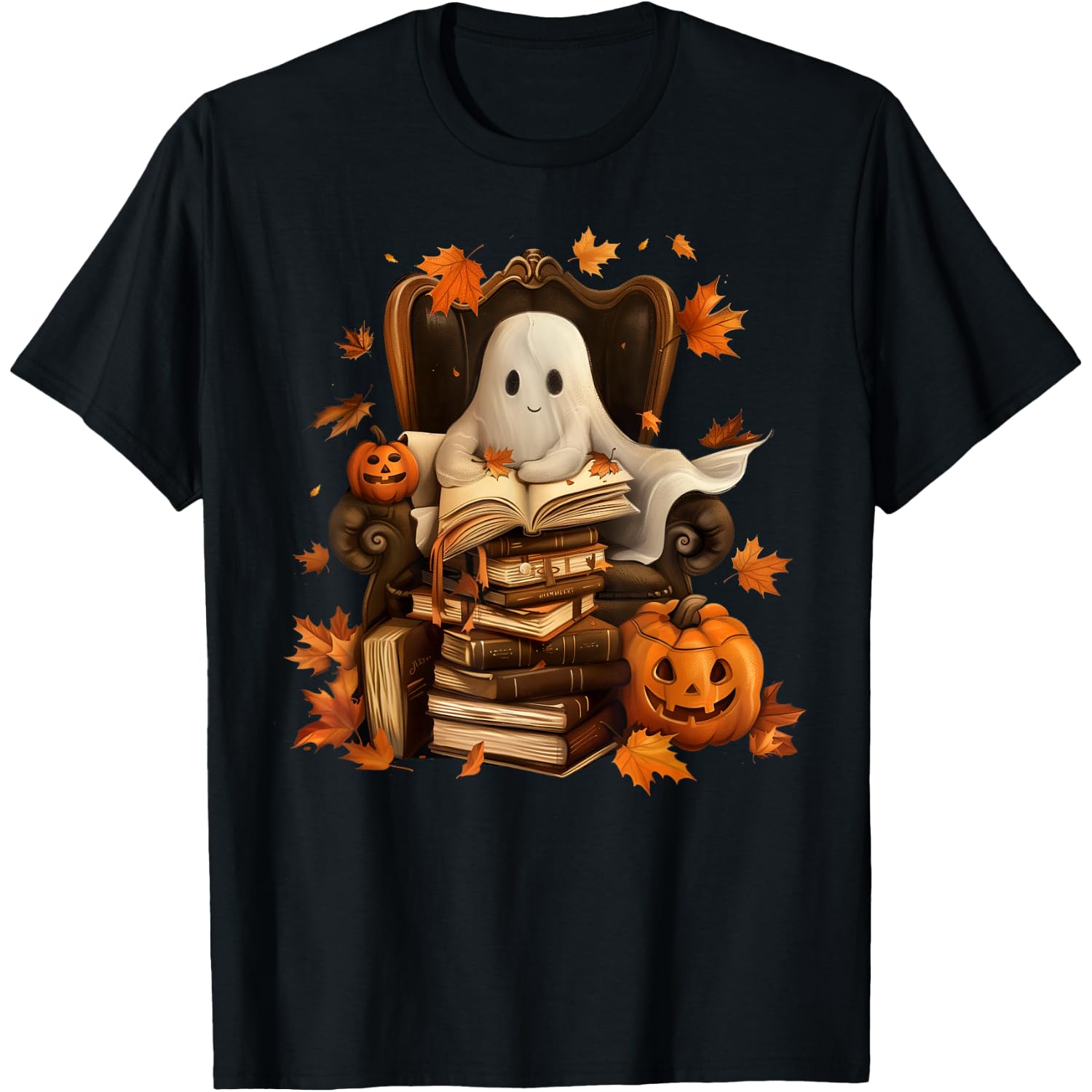 Vintage Ghost Book Reading Pumpkin Gothic Halloween Teachers T-Shirt