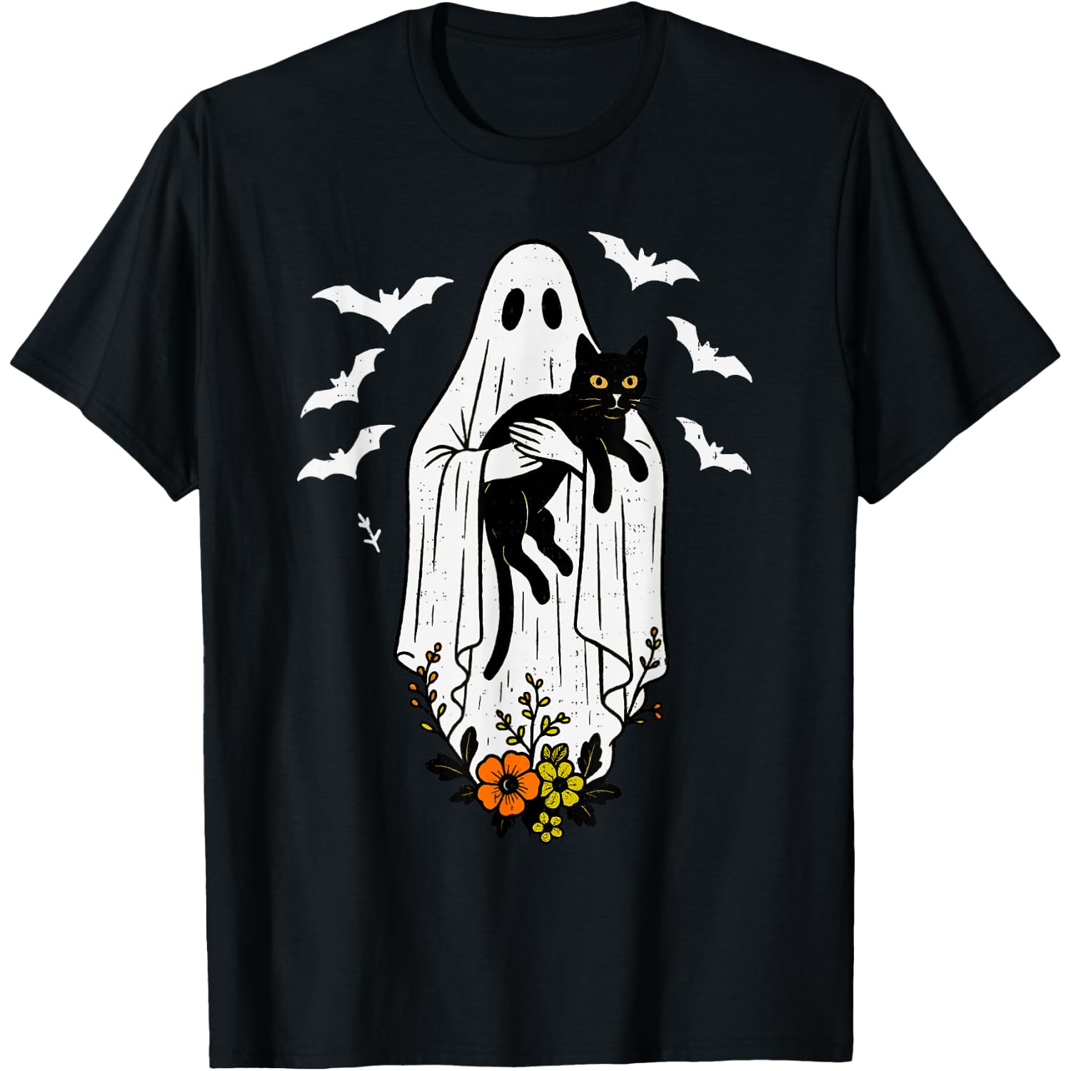 Vintage Ghost Holding Cat Halloween Kitty Meow Cat Lover T-Shirt
