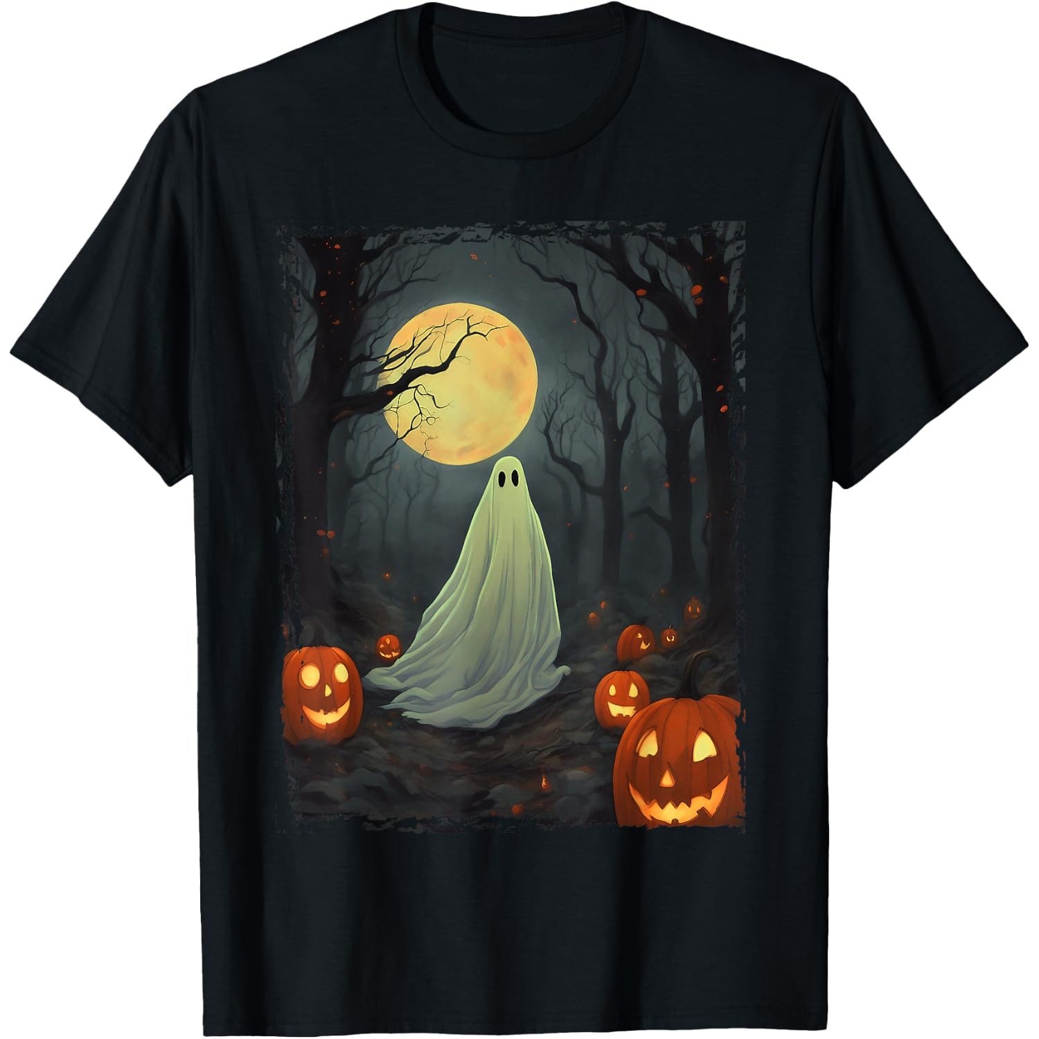 Vintage Ghost in Gothic Forest Full Moon Halloween T-Shirt