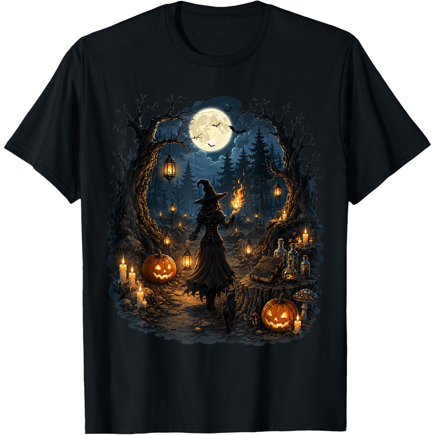 Vintage Gothic Witch Magic Fire Spooky Forest Halloween T-Shirt