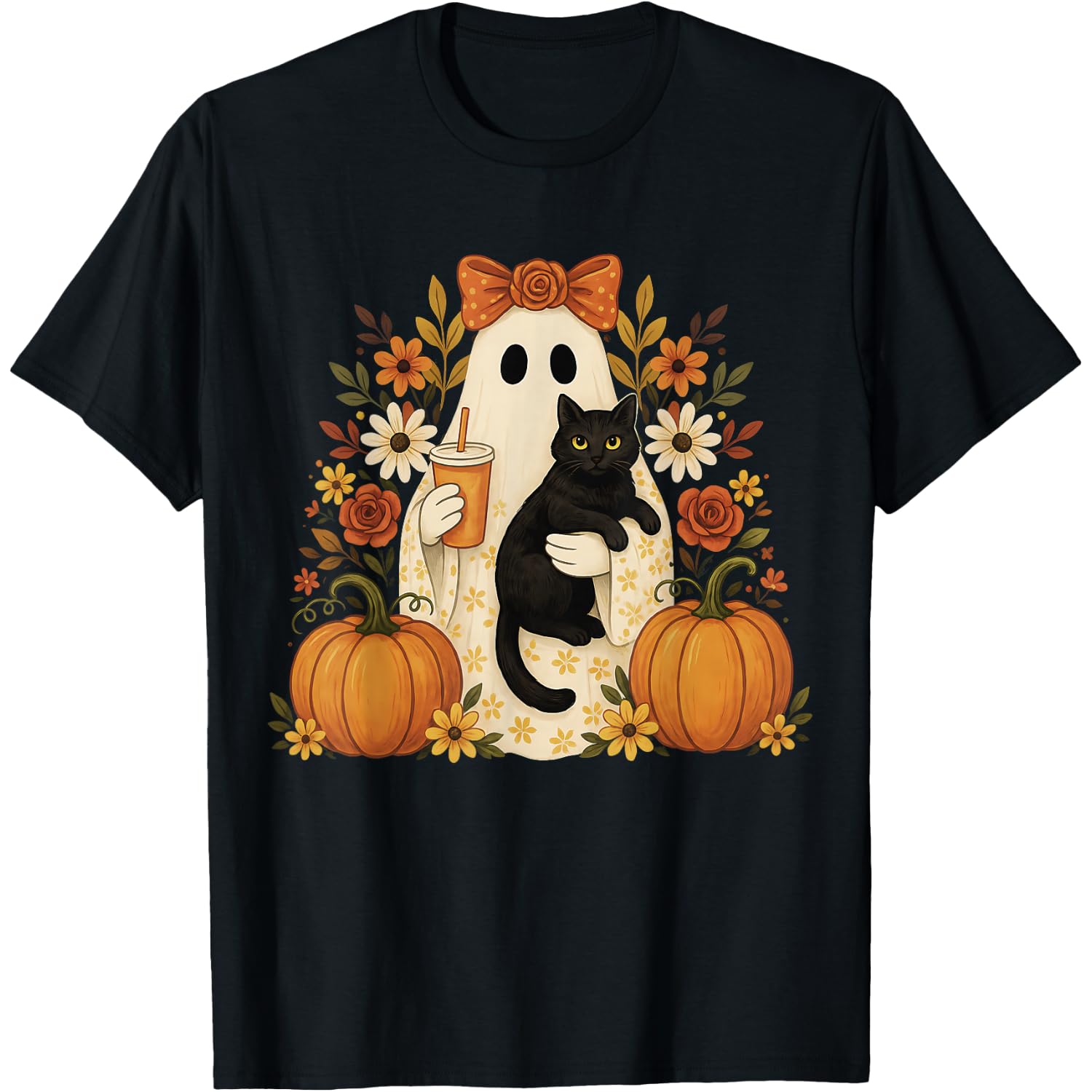 Vintage Halloween Ghost Holding Black Cat Groovy Floral T-Shirt