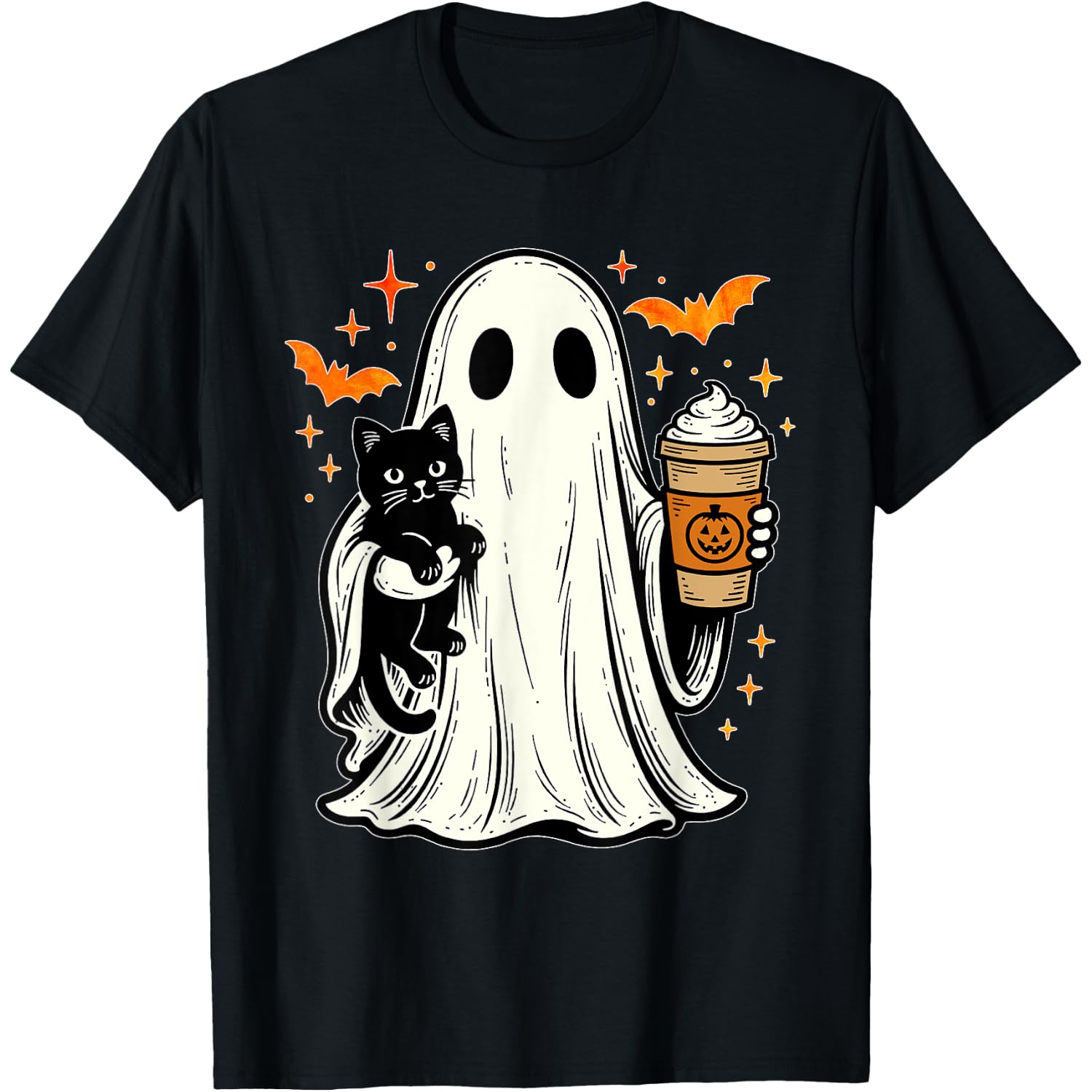 Vintage Halloween Ghost Holding Black Cat Pumpkin Spice T-Shirt