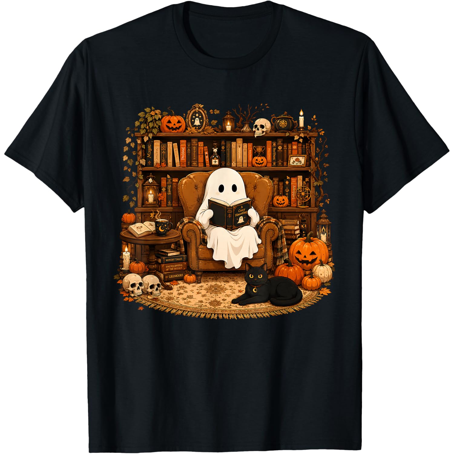 Vintage Halloween Ghost Reading Book Pumpkin Spooky Teacher T-Shirt