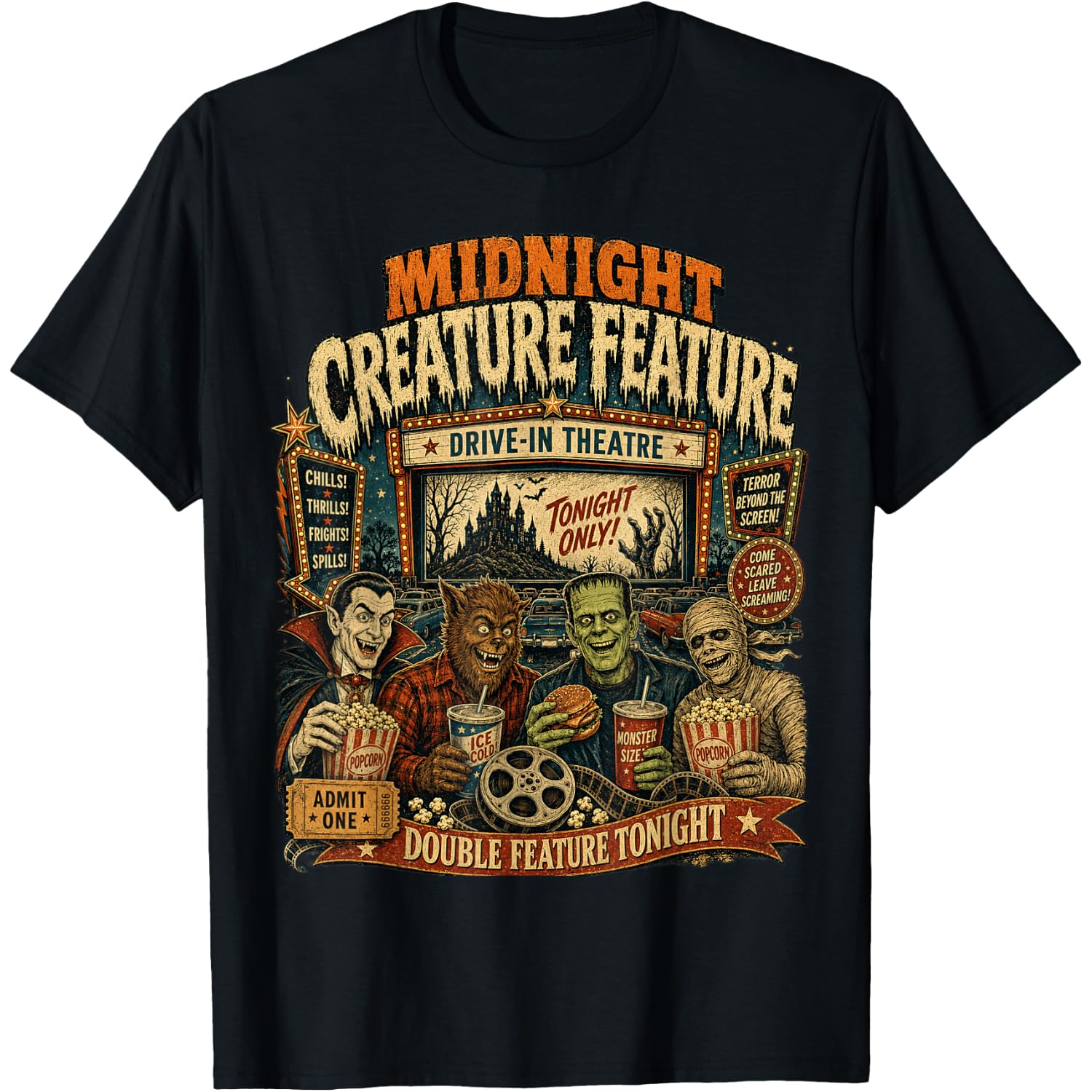 Vintage Halloween Midnight Creature Feature Horror Movie 90s T-Shirt