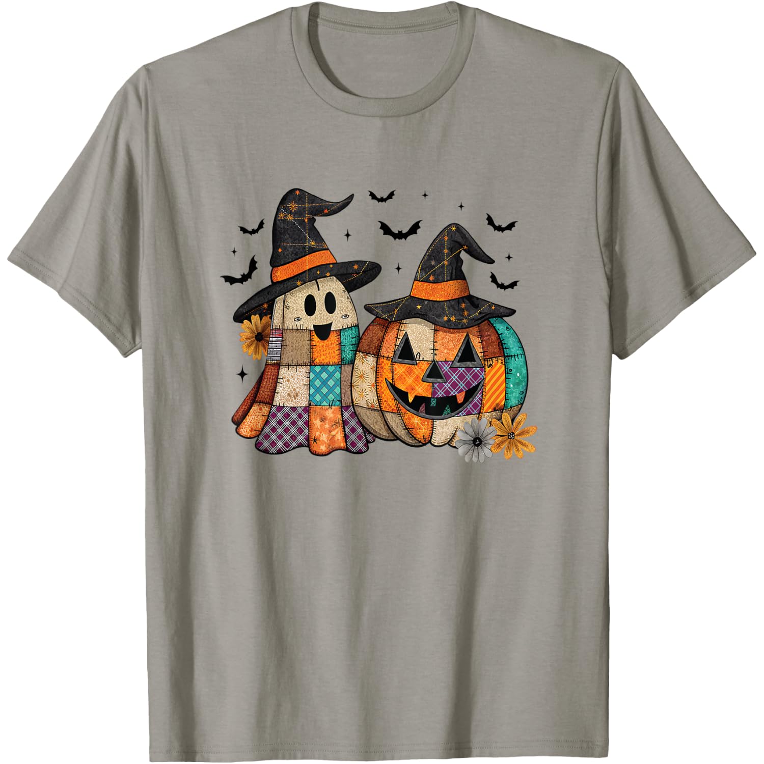 Vintage Halloween Patchwork Cozy Ghost and Pumpkin T-Shirt