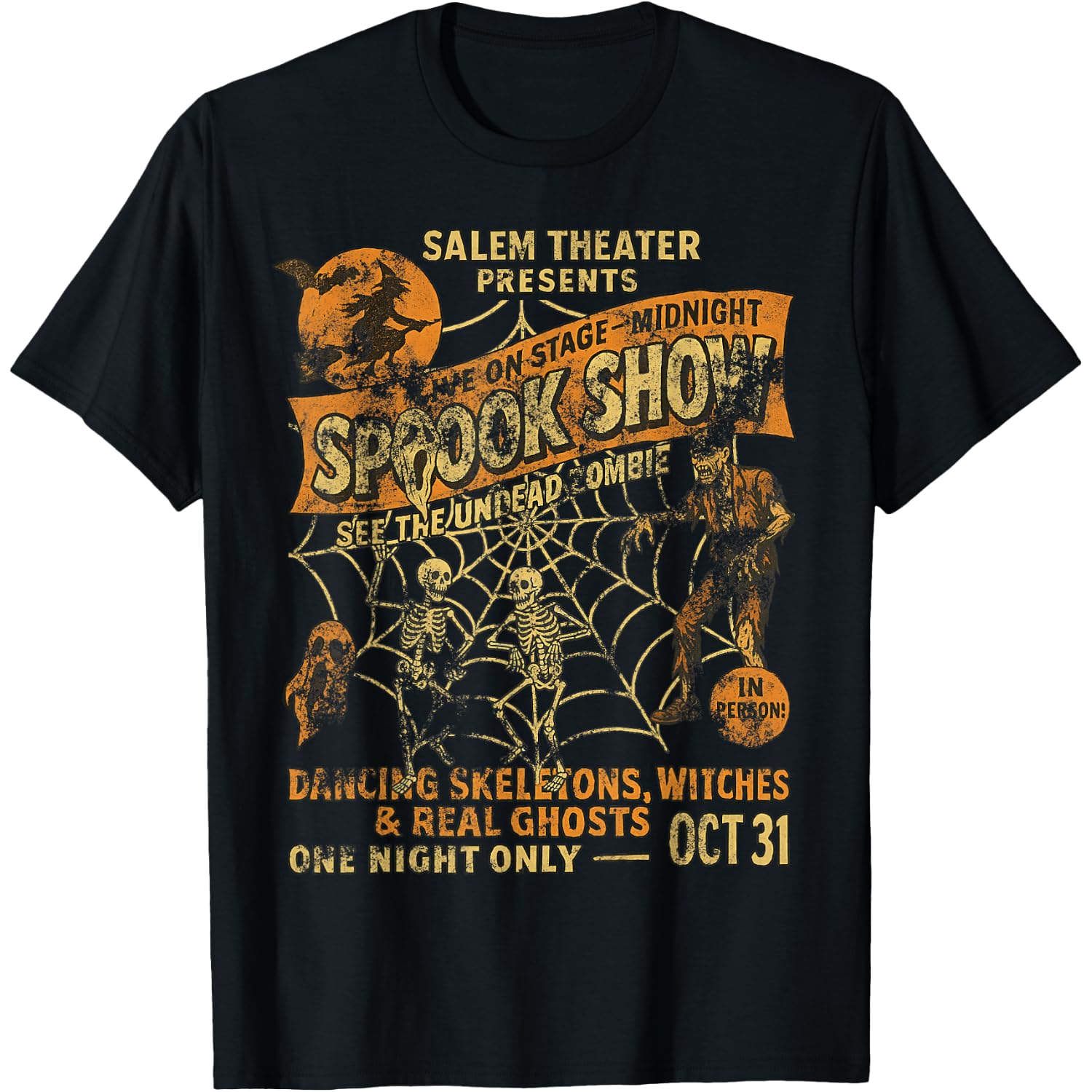 Vintage Halloween Poster Tee Witch Dancing Skeletons Monster T-Shirt