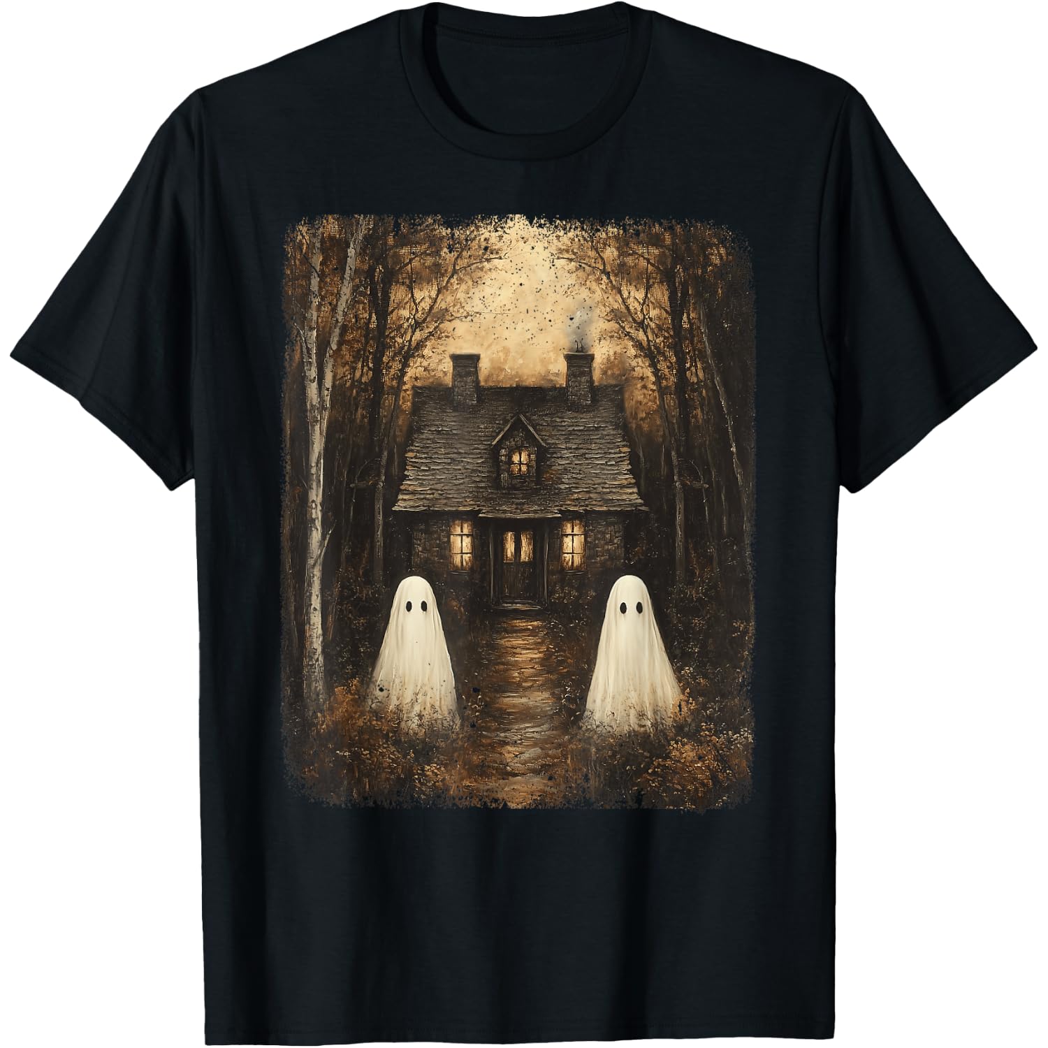 Vintage Haunted House Halloween Spooky Ghost Gothic Forest T-Shirt