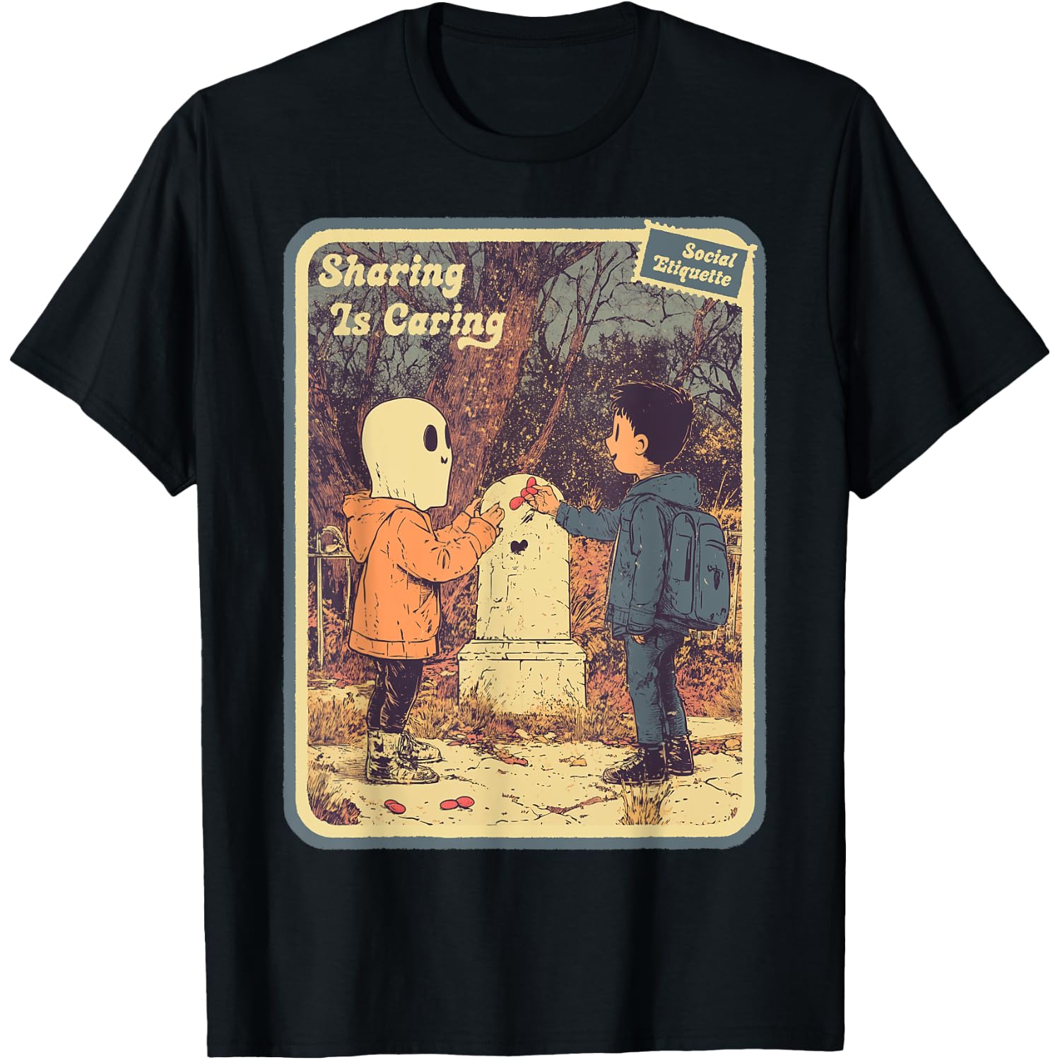 Vintage Horror Halloween Retro Spooky Kids in the graveyard T-Shirt