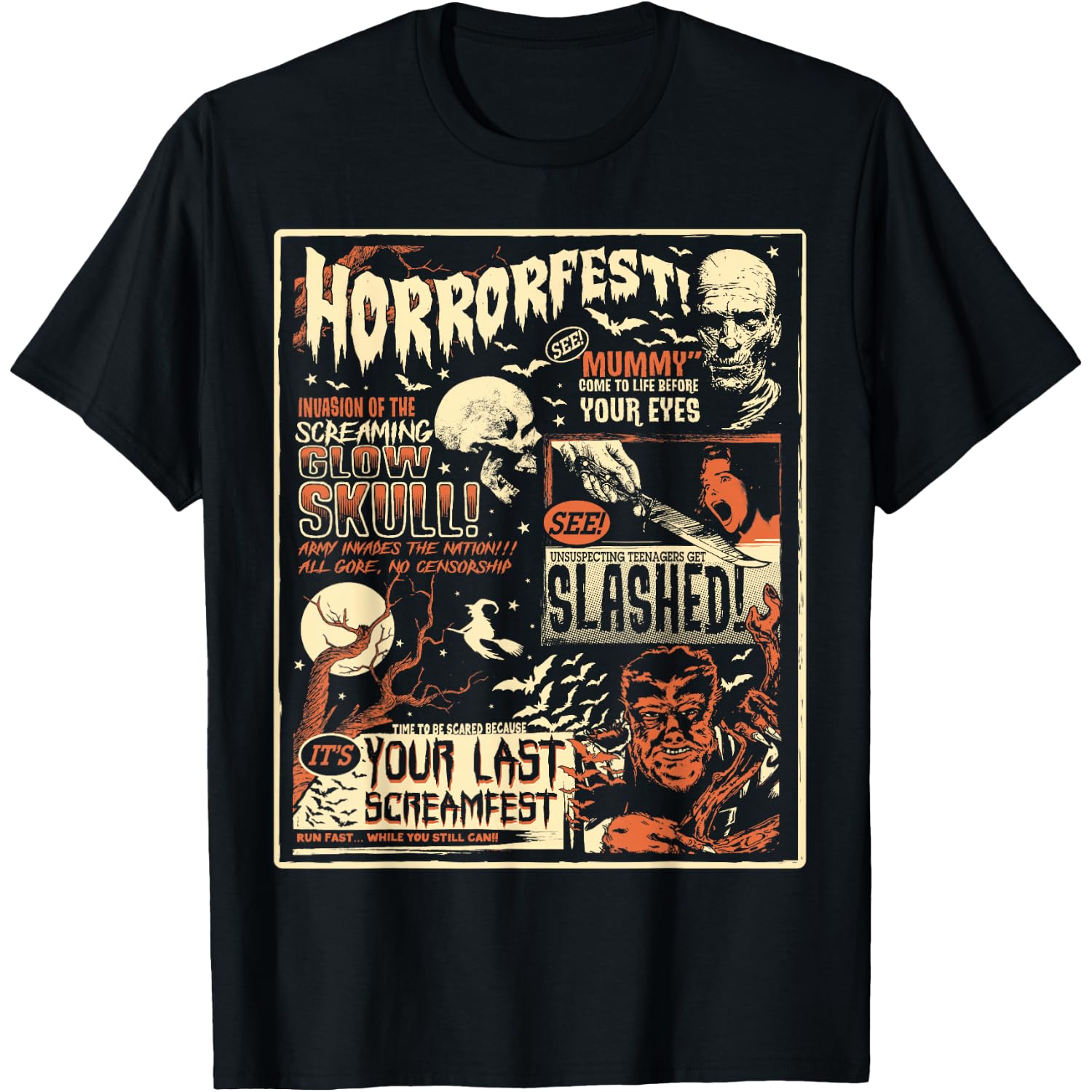 Vintage Horrorfest Movie Poster Terror Old Time Halloween T-Shirt Small