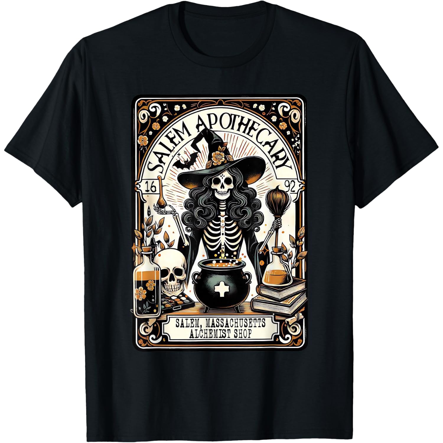Vintage Salem Apothecary Skeleton Witch Spooky Halloween T-Shirt